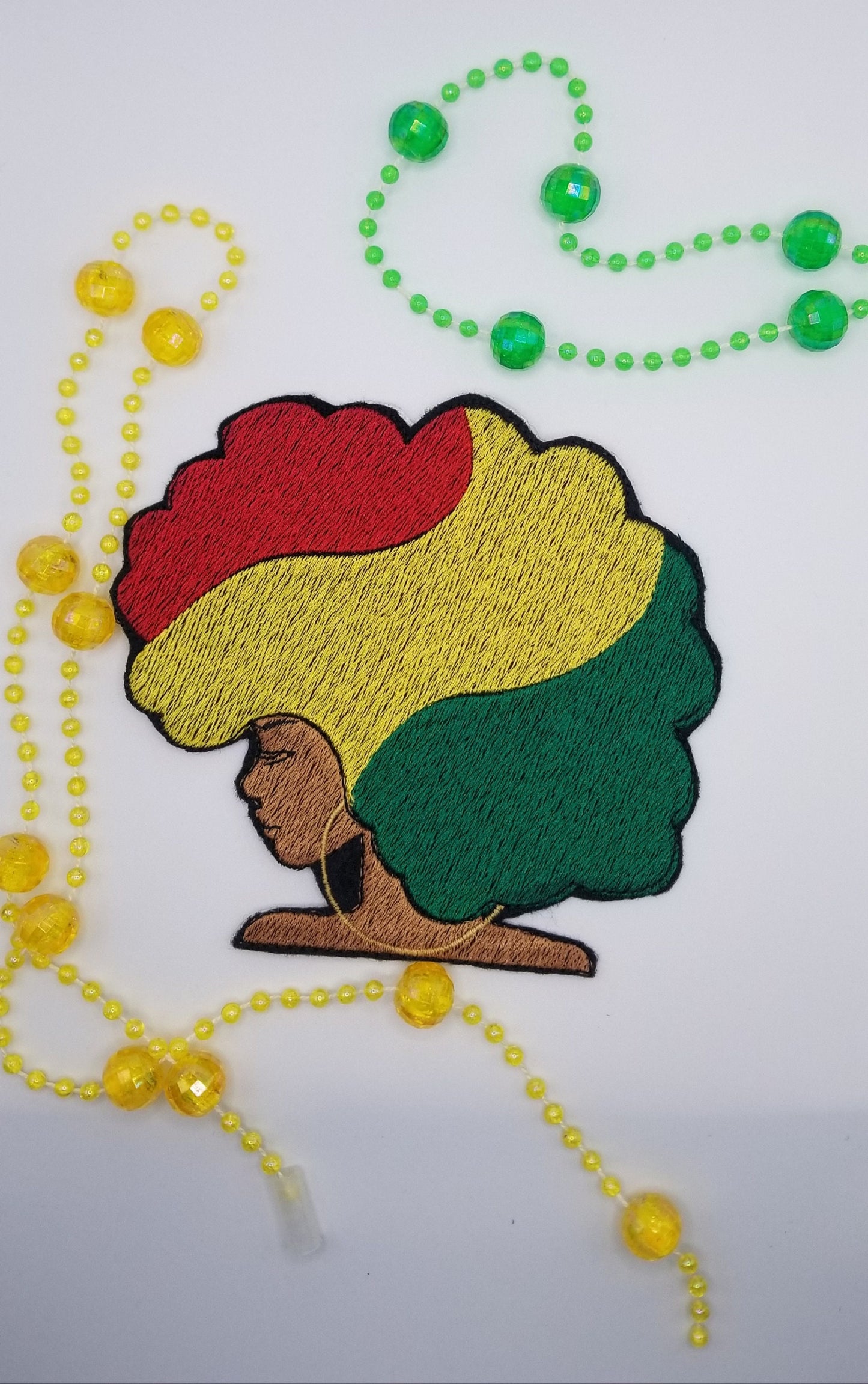 Afro Women Sew on Embroidery Patches RED YELLOW GREEN, Adhesive backing for placement. For Her Birthday, Black Woman Patch, 10.00