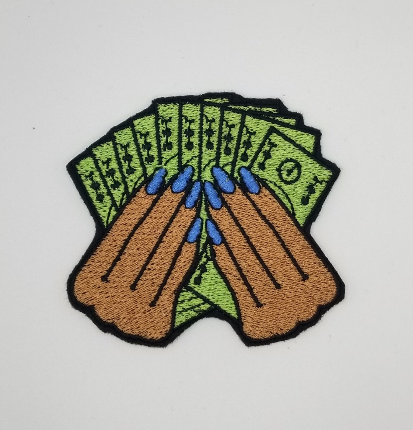 Money and Hands Sew On Embroidery Patch with Iron on backing for placement. Handmade Patch, Fingernail Patch, Black Woman Patch, ***8.00***