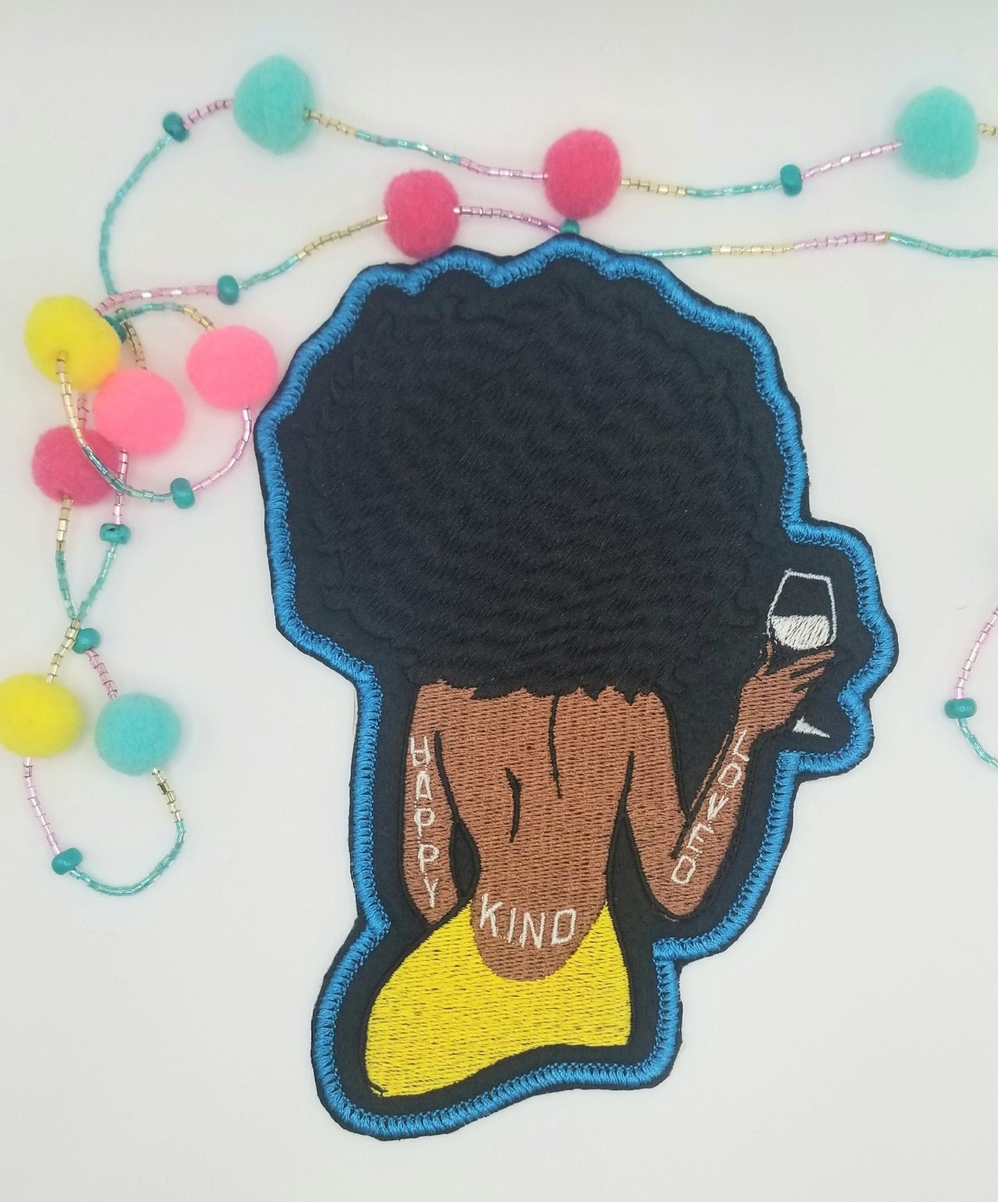 Black Woman with TATTOO, holding a Glass of Wine. Large Embroidery Iron On Patch, 4 5/8" x 6 1/2". Black Diva patch... LARGE SIZE 10.00