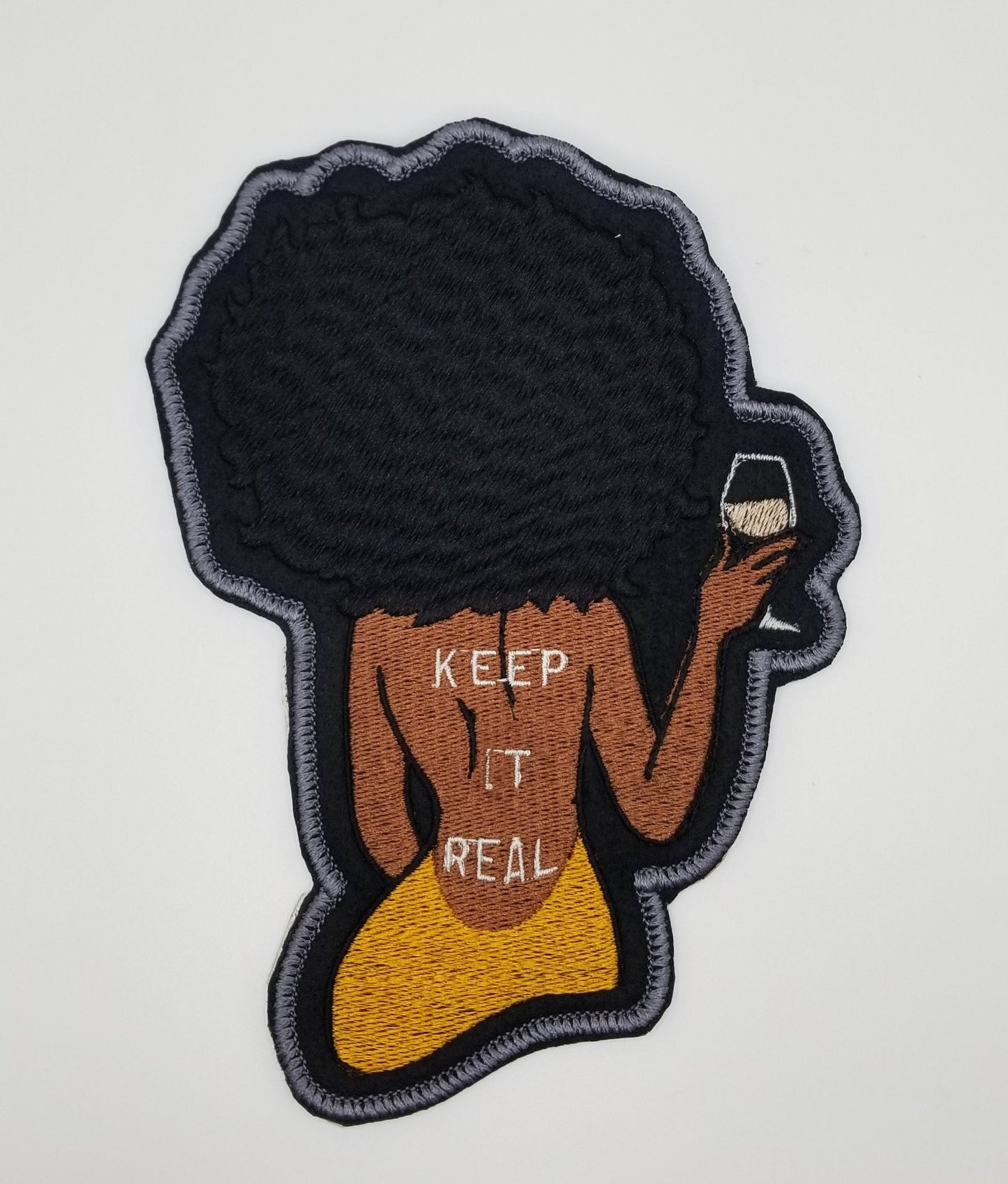 Black Woman with TATTOO, holding a Glass of Wine. Large Embroidery Iron On Patch, 4 5/8" x 6 1/2". Black Diva patch... LARGE SIZE 10.00