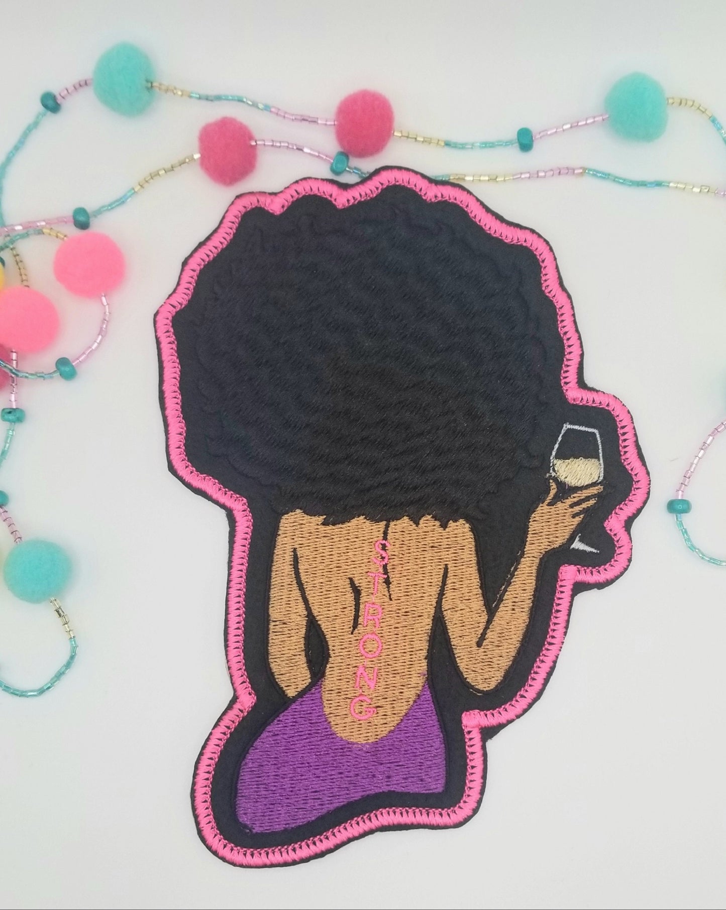Black Woman with TATTOO, holding a Glass of Wine. Large Embroidery Iron On Patch, 4 5/8" x 6 1/2". Black Diva patch... LARGE SIZE 10.00