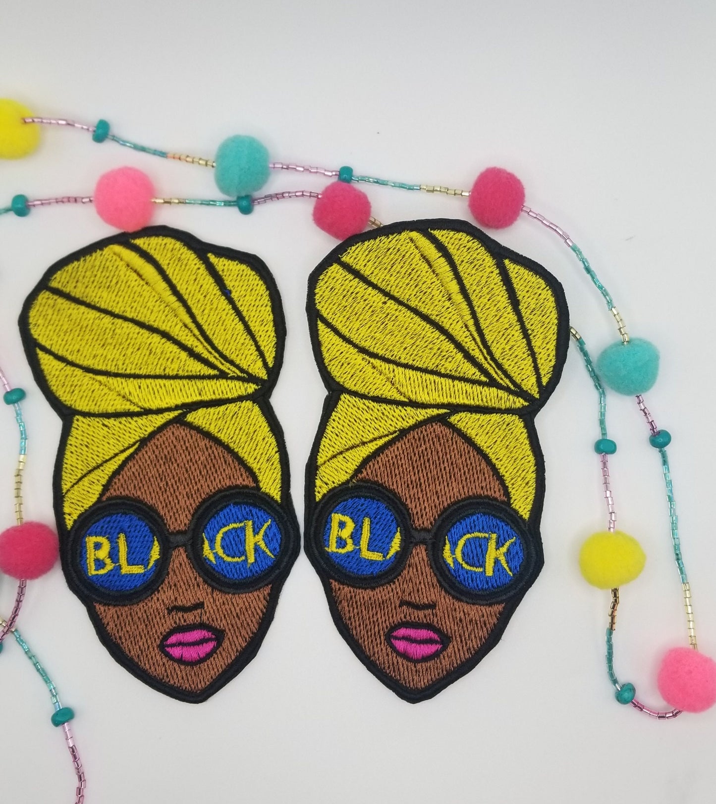 Afro Woman with Head Wrap Sew on Embroidery Patch with adhesive backing. Black Woman wearing Glasses Patch, Hand Made Patches, 6.00