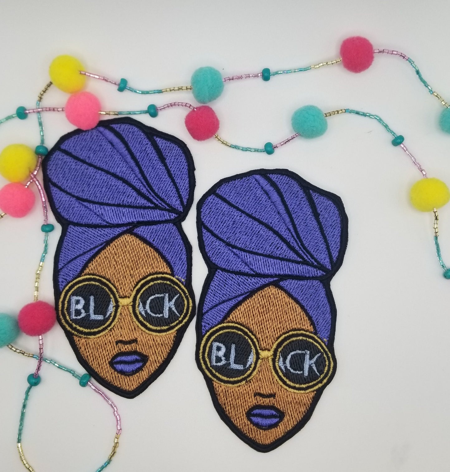 Afro Woman with Head Wrap Sew on Embroidery Patch with adhesive backing. Black Woman wearing Glasses Patch, Hand Made Patches, 6.00
