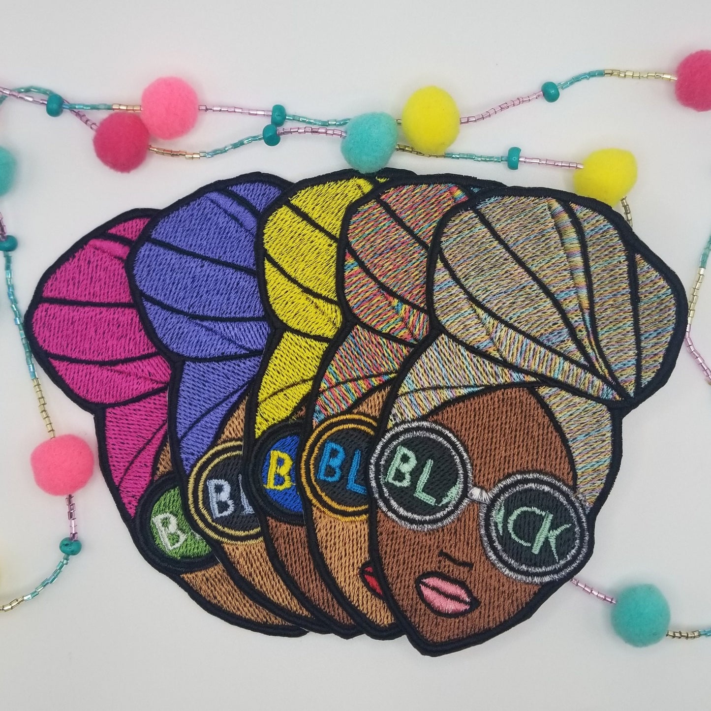 Afro Woman with Head Wrap Sew on Embroidery Patch with adhesive backing. Black Woman wearing Glasses Patch, Hand Made Patches, 6.00