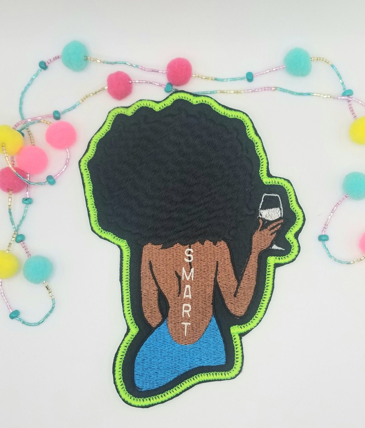 Black Woman with TATTOO, holding a Glass of Wine. Large Embroidery Iron On Patch, 4 5/8" x 6 1/2". Black Diva patch... LARGE SIZE 10.00