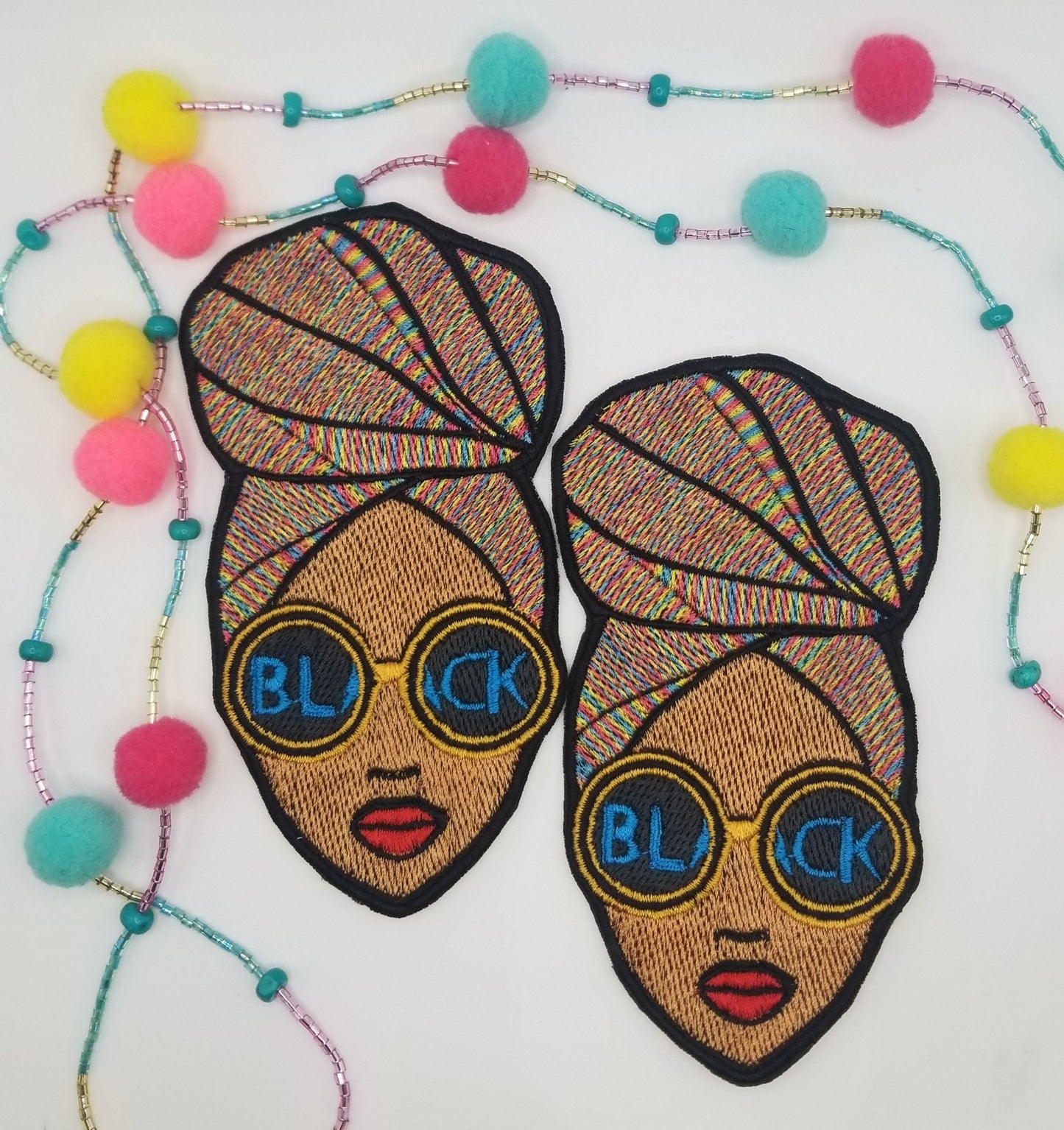 Afro Woman with Head Wrap Sew on Embroidery Patch with adhesive backing. Black Woman wearing Glasses Patch, Hand Made Patches, 6.00