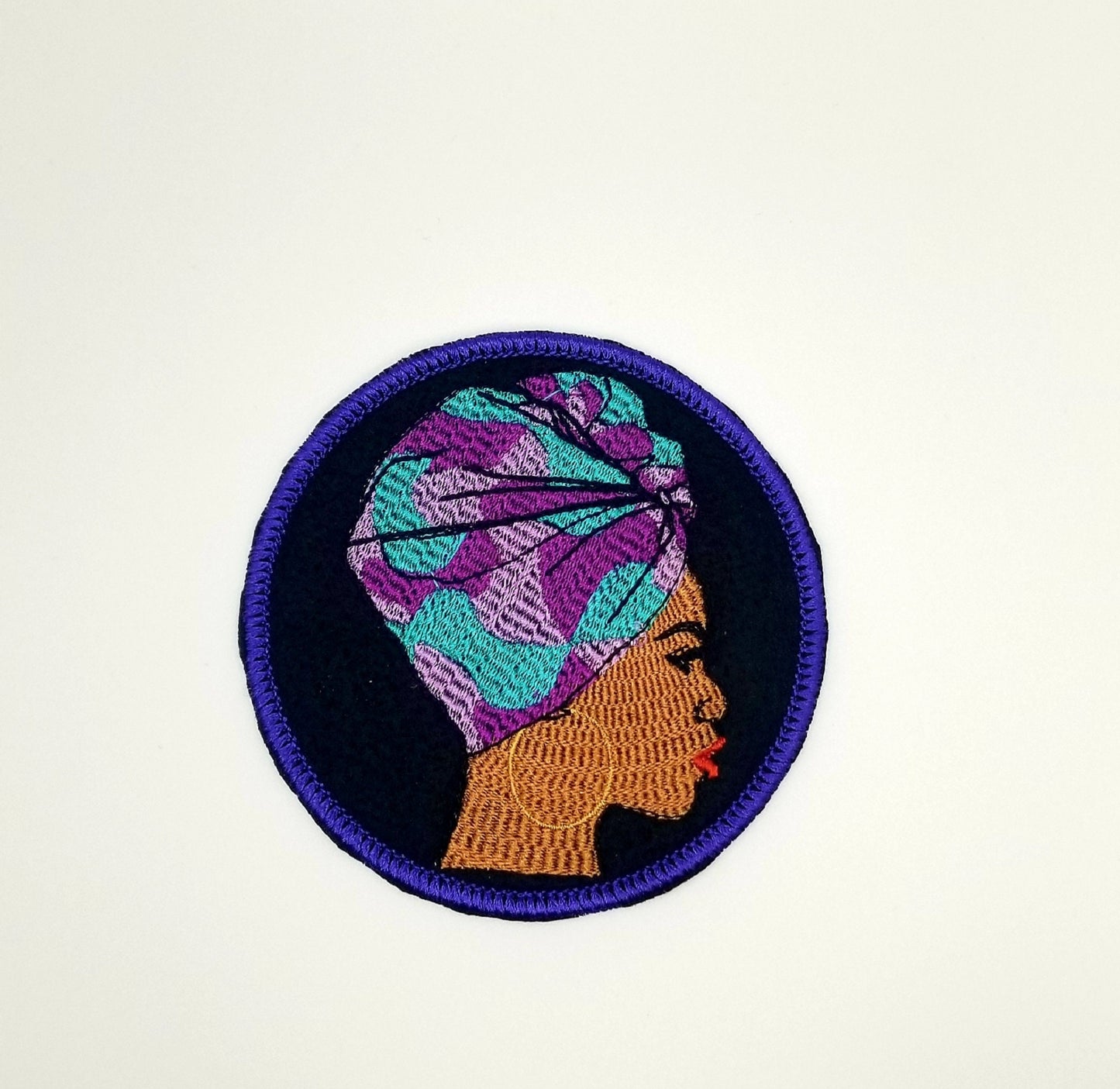 Afro Woman in African Head Wrap .e w on patch with Iron on Backing for placement Embroidery Patch, Round Patch with Satin Stitch 8.78