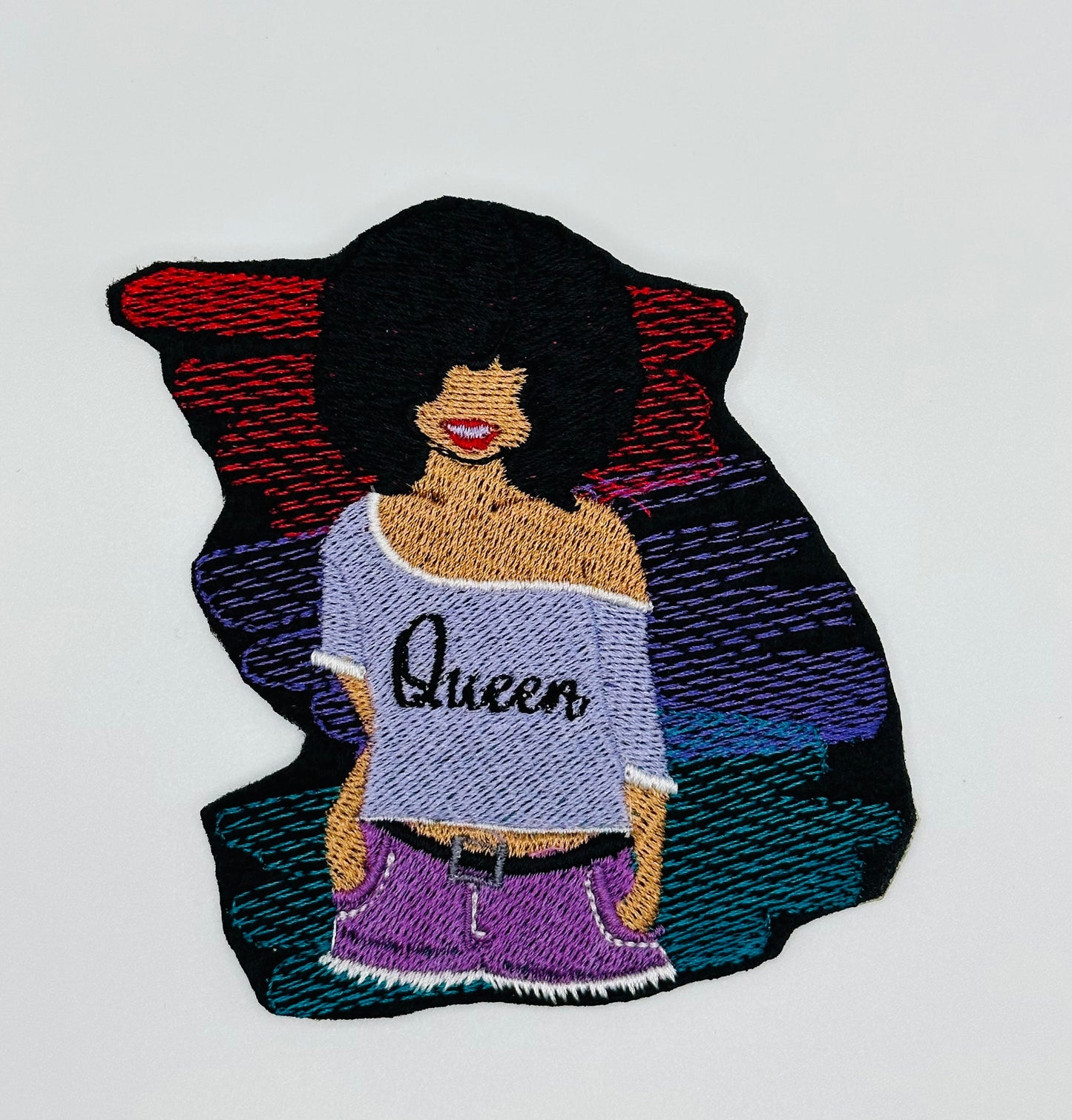 Black Queen Afro Woman Sew on patch with Iron on backing for placement. Satin Border 7.79