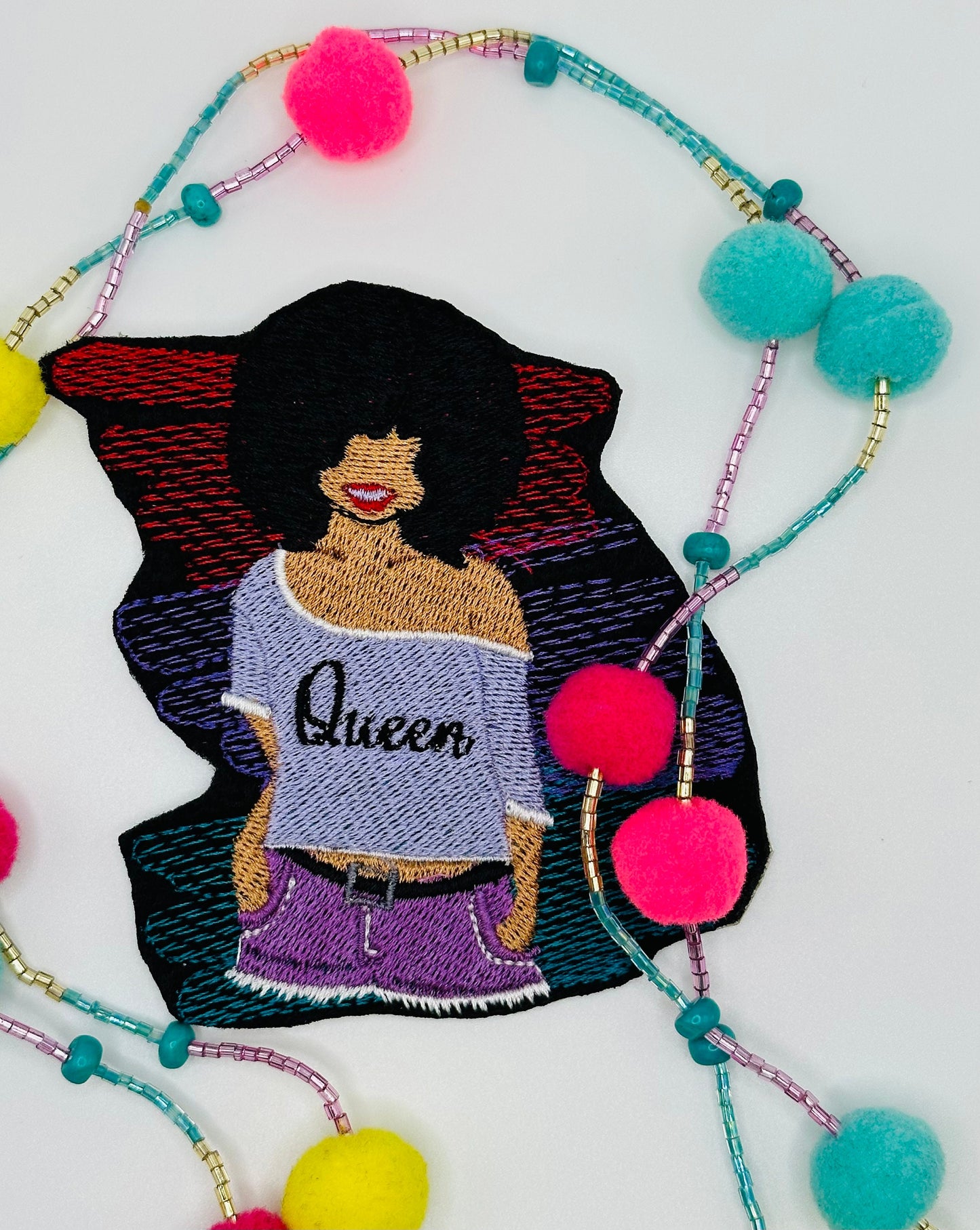 Black Queen Afro Woman Sew on patch with Iron on backing for placement. Satin Border 7.79