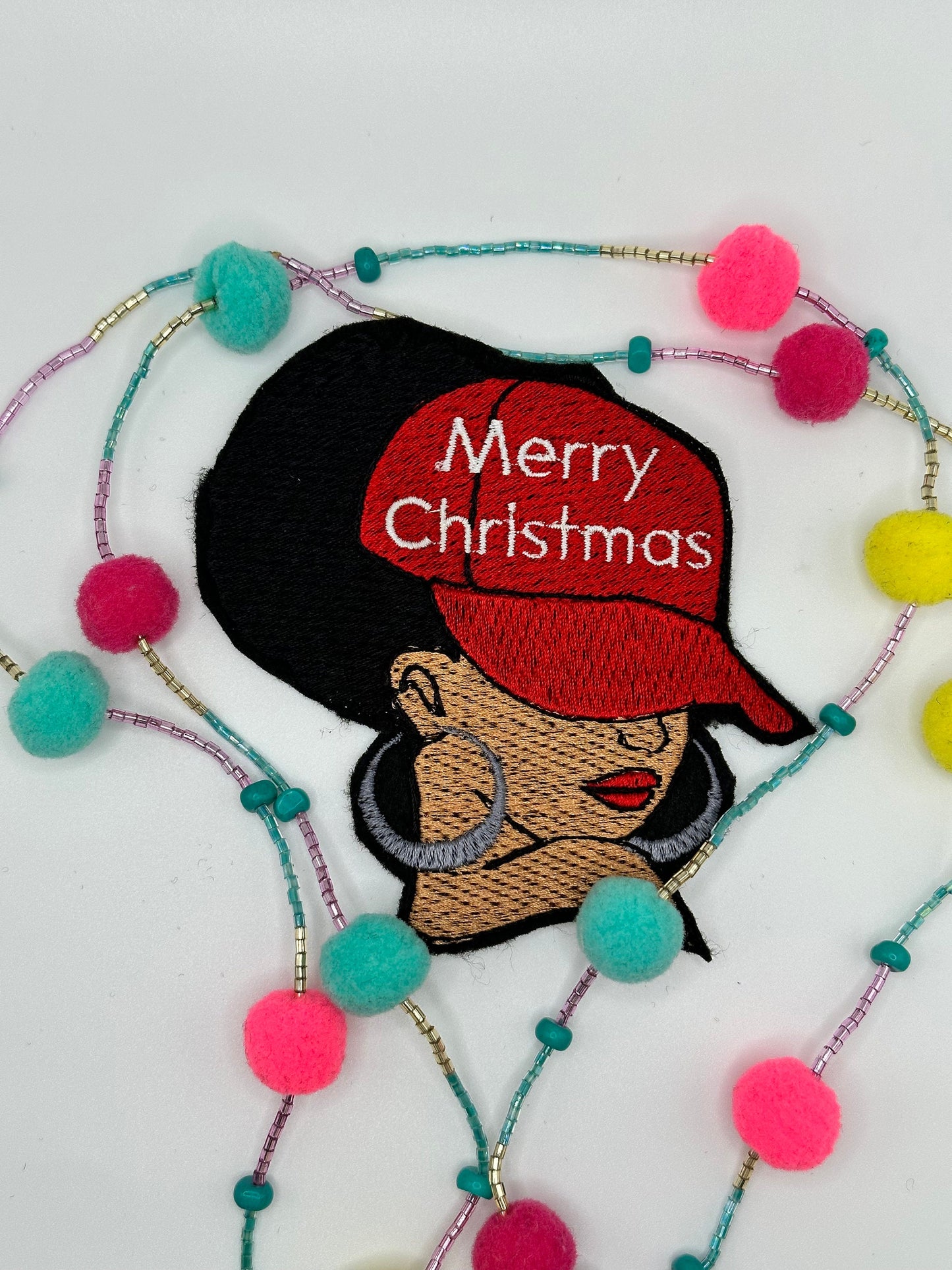Afro Woman Merry Christmas Embroidery Patch, Sew On Patch with Iron-On Backing for Placement, Christmas Cap and Earrings, Black Woman Gift