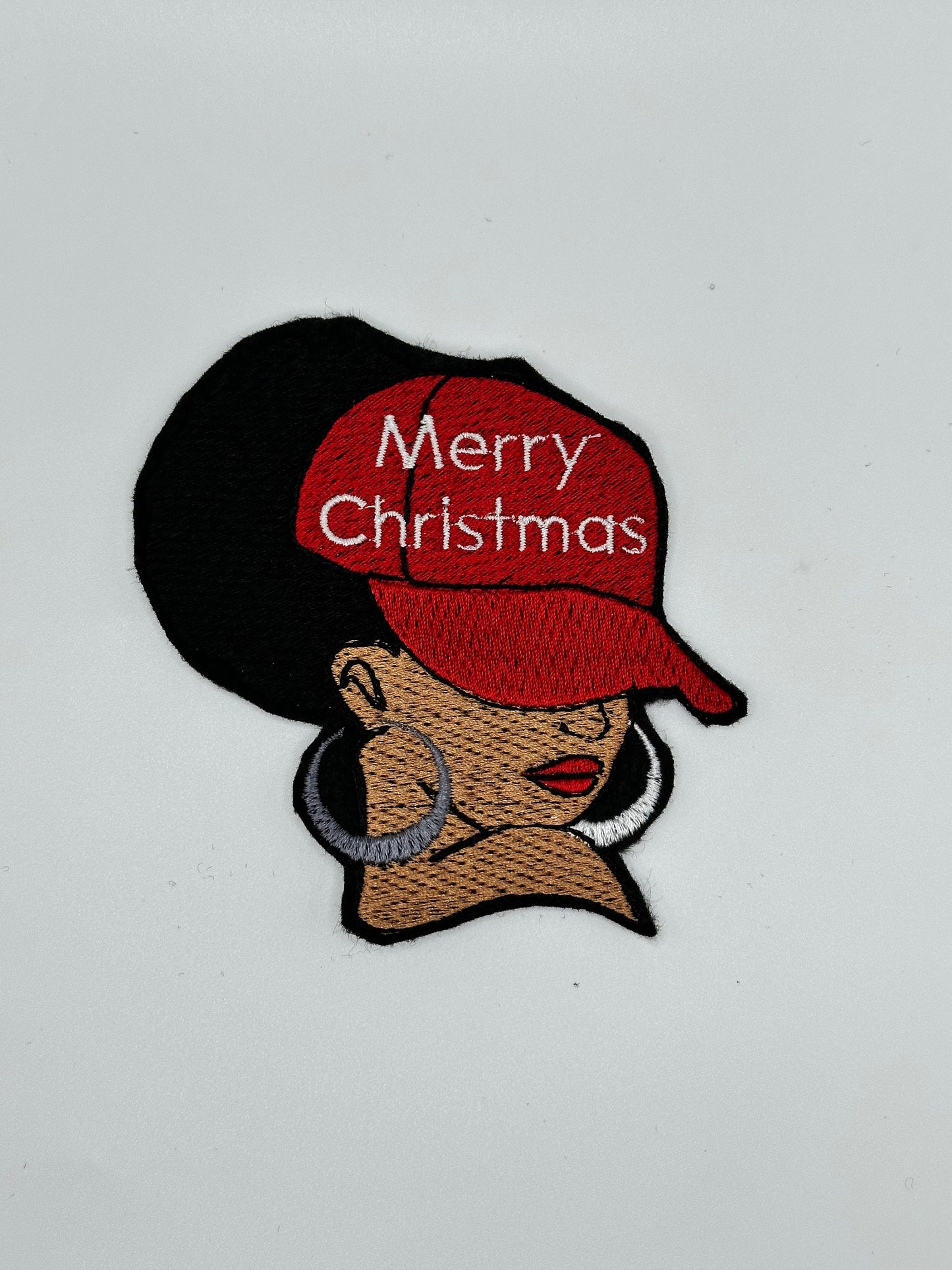 Afro Woman Merry Christmas Sew on patch with Iron on backing, Christmas Gift, Black Christmas, Cap and Earrings. Black woman Gift ***9.97