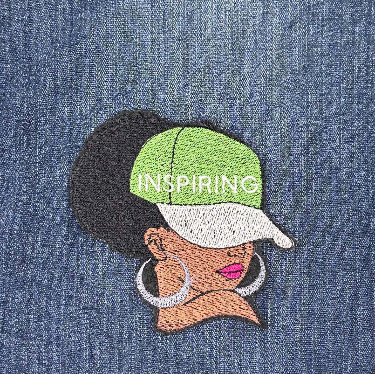 Afro Woman "INSPIRING" Sew on patch with Iron on backing. 3d Black woman Patch, Ball Cap Inspiring on the Cap wearing Earrings....9.97