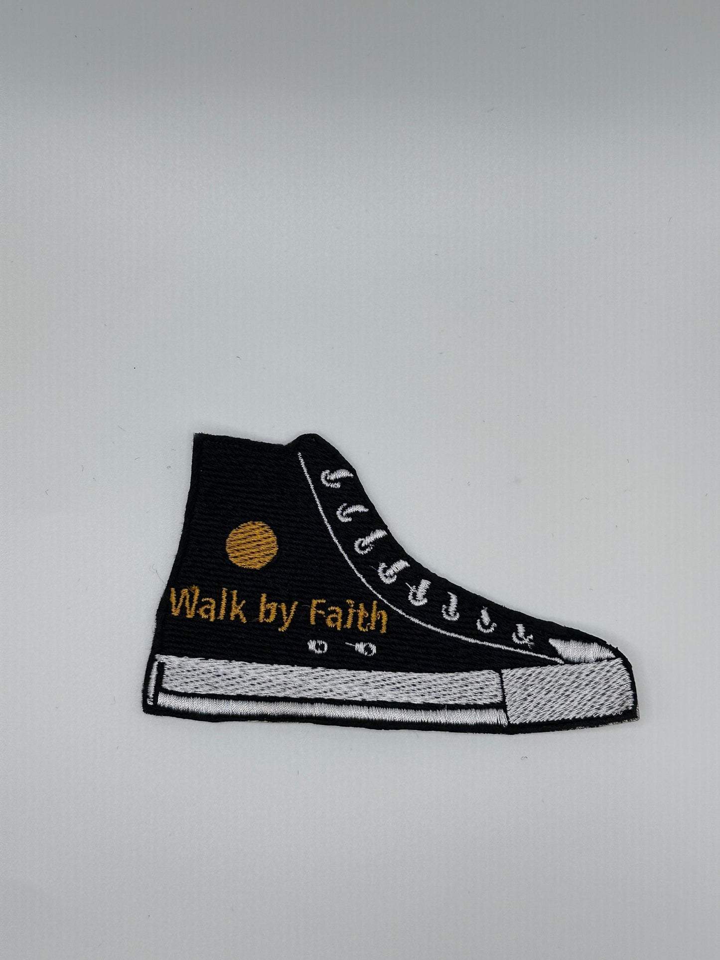 Walk by Faith Sneaker, Sew On Embroidery with adhesive backing for placement. Words on the Sole and Shoe itself. Faith based Patch 6.99