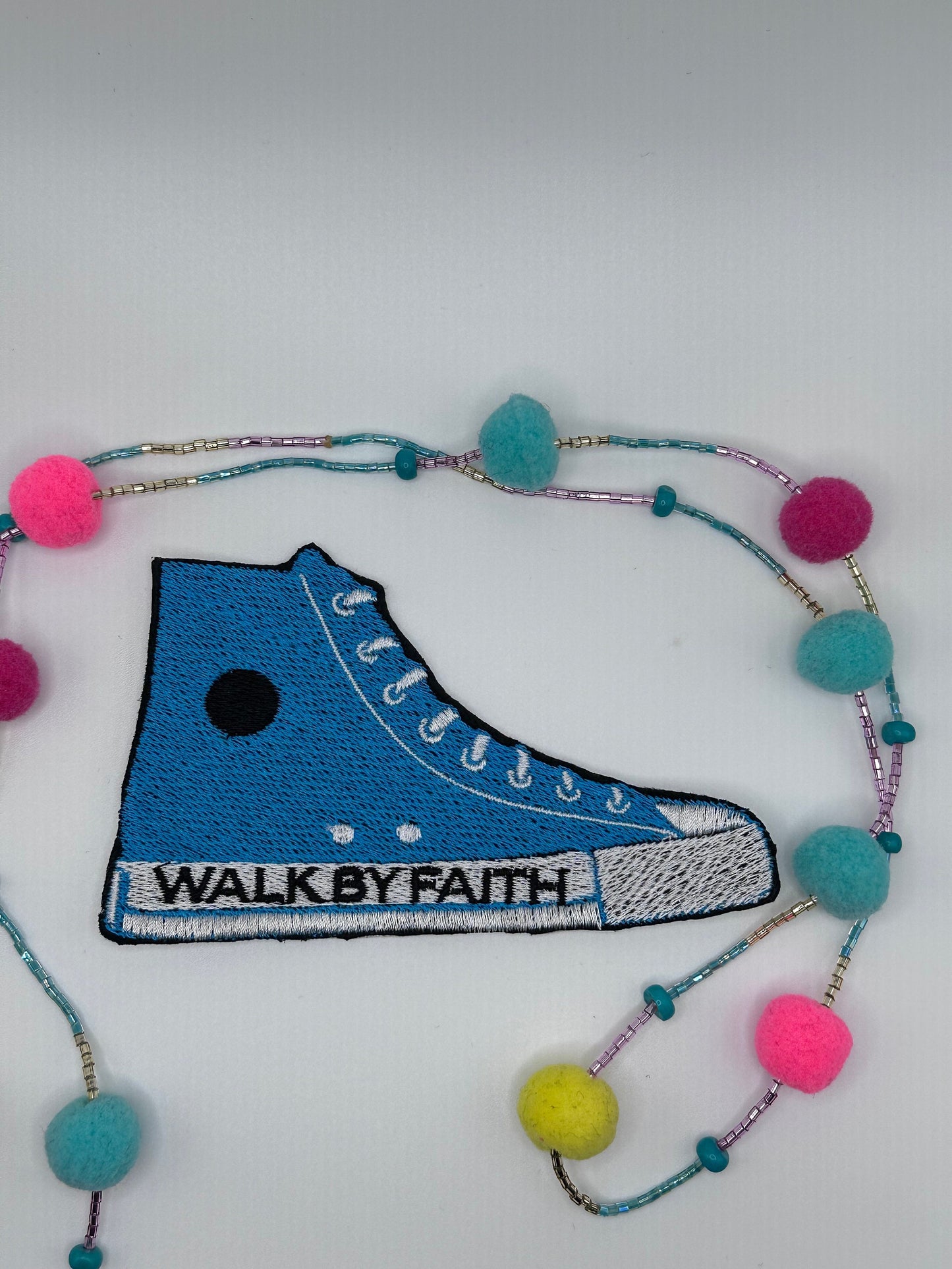 Walk by Faith Sneaker, Sew On Embroidery with adhesive backing for placement. Words on the Sole and Shoe itself. Faith based Patch 6.99