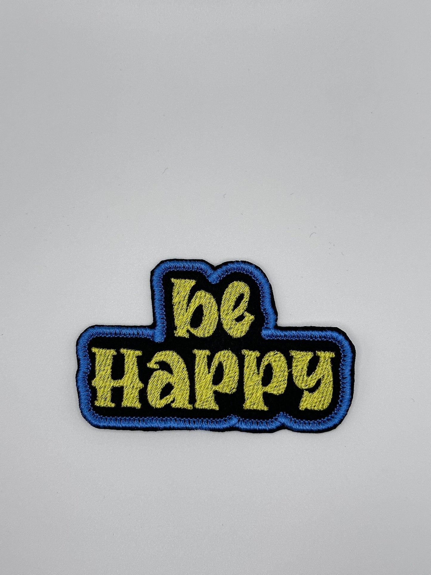 Be happy Sew on patch with Iron on backing. Embroidery Patch, Teal and yellow Color 6.98