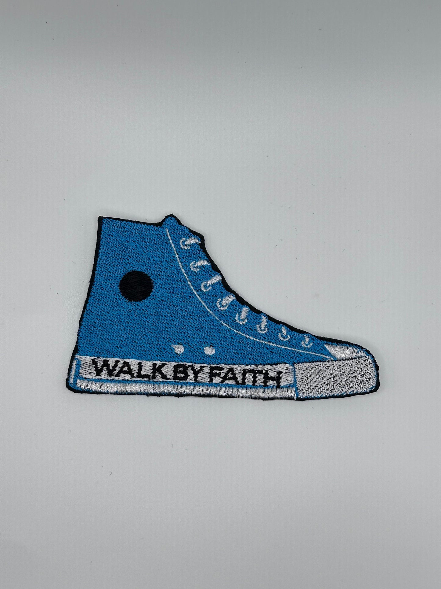 Walk by Faith Sneaker, Sew On Embroidery with adhesive backing for placement. Words on the Sole and Shoe itself. Faith based Patch 6.99