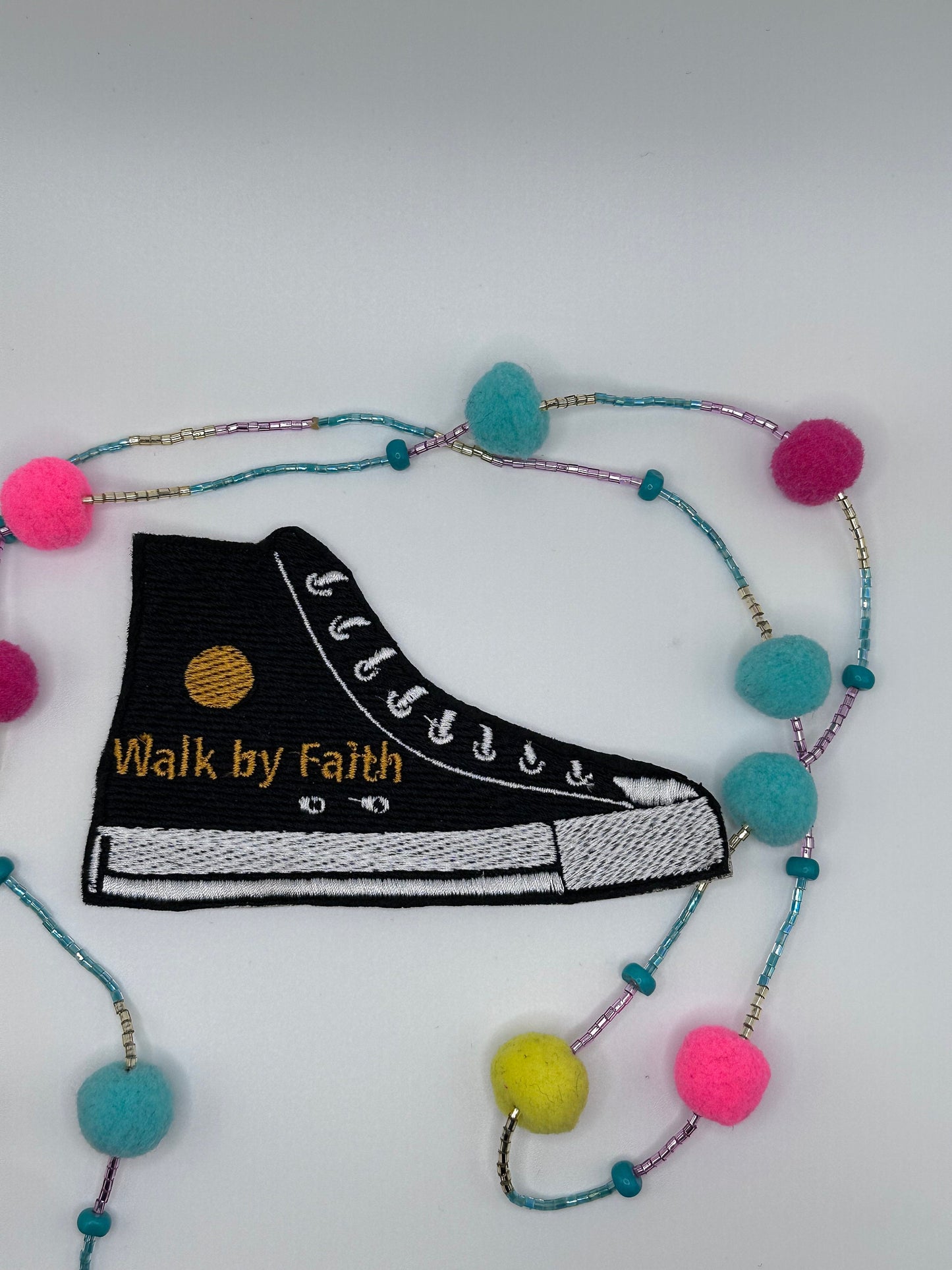 Walk by Faith Sneaker, Sew On Embroidery with adhesive backing for placement. Words on the Sole and Shoe itself. Faith based Patch 6.99