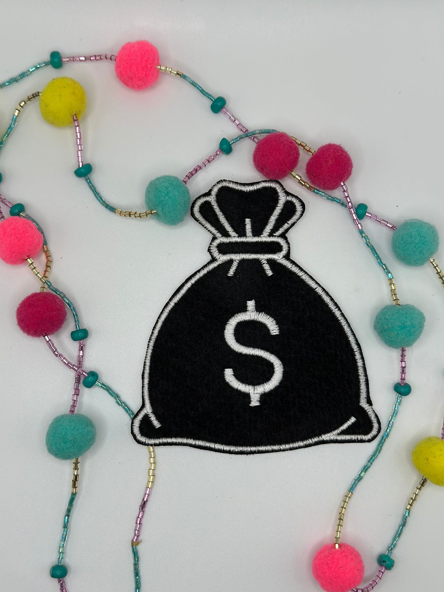 Money Bag Embroidery Patch, Pink and Green Dollar Sign Sew-On Patch for Jackets, Bags & Backpacks