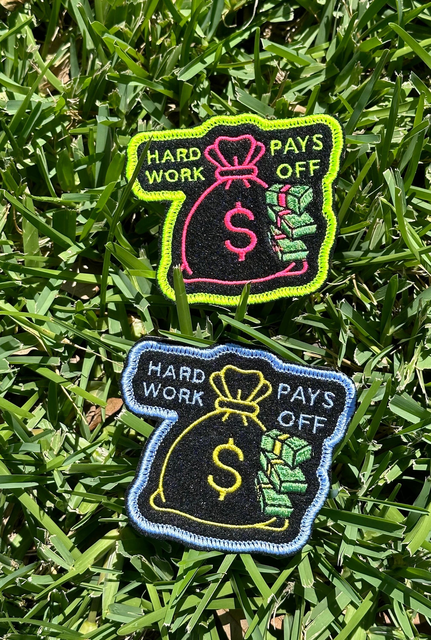Money Bag hard work pays off Handmade Embroidery. blue and yellow money bag. 6.77