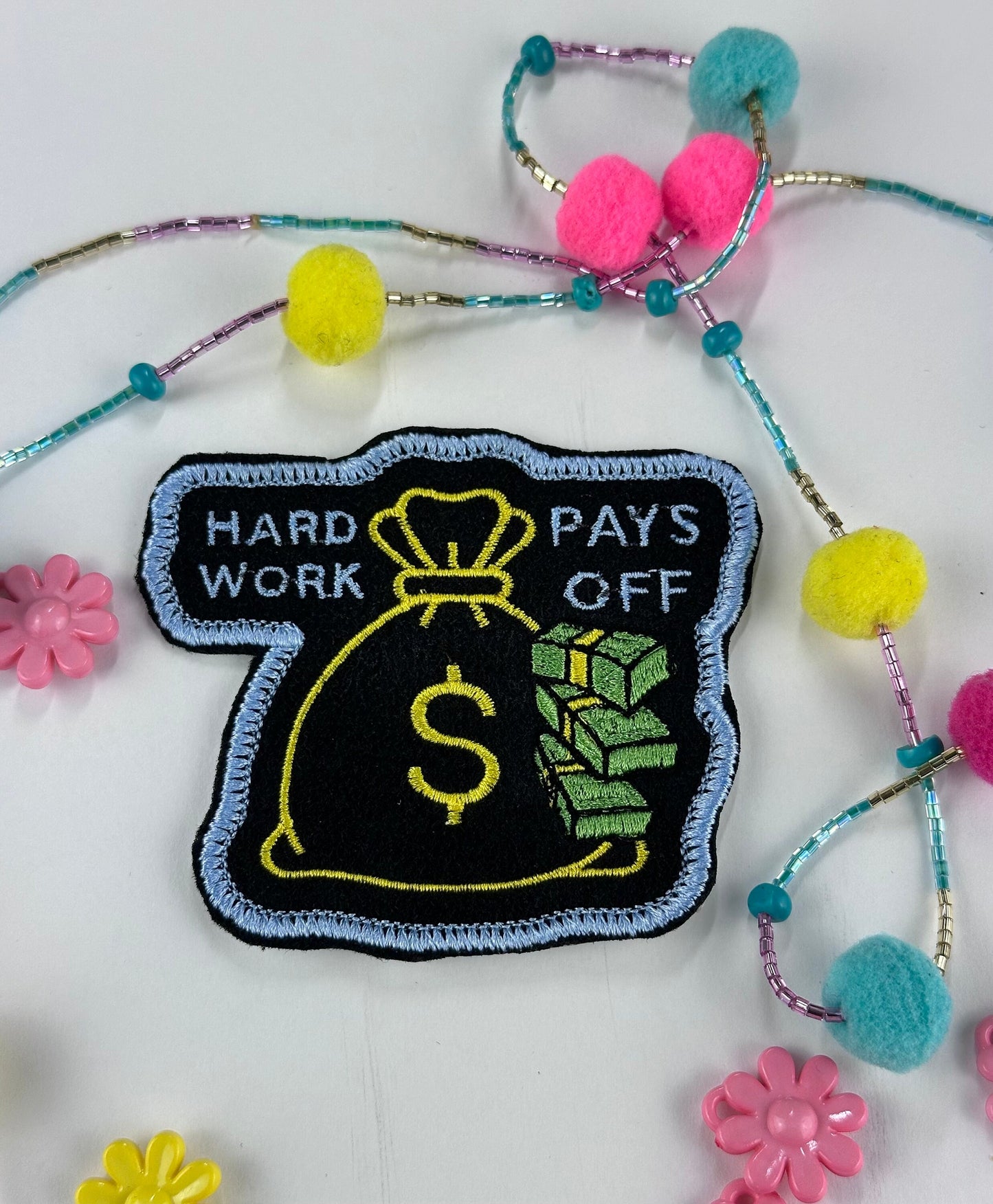 Money Bag hard work pays off Handmade Embroidery. blue and yellow money bag. 6.77