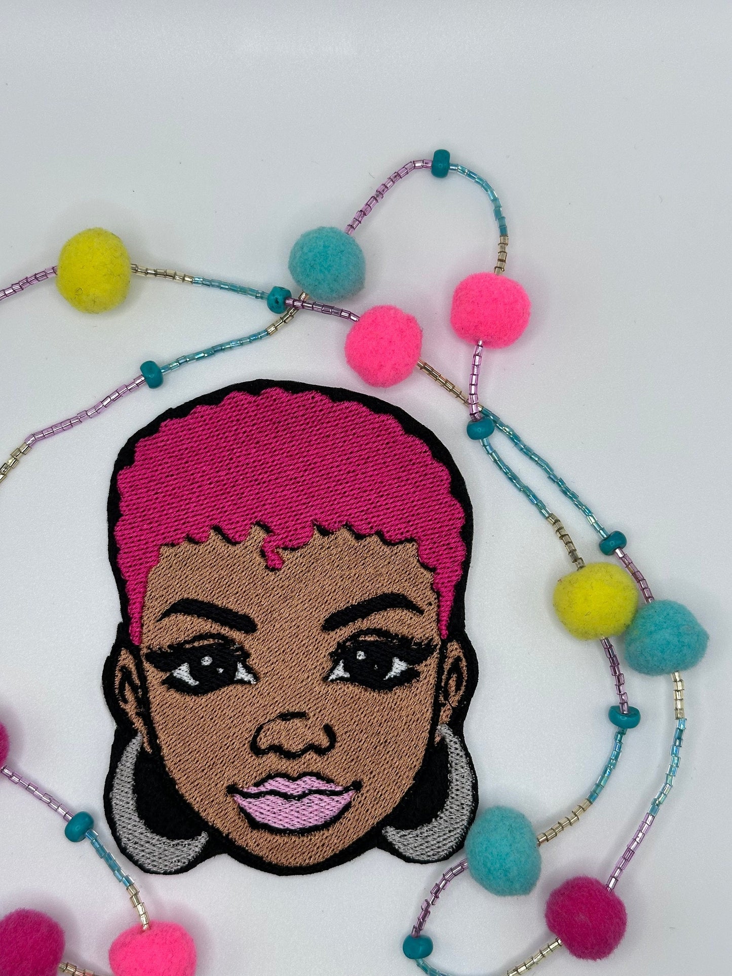 Afro WomanAfro hair Sew On Embroidery patch with adhesive backing for placement. Reddish Brown, Blonde, Silver and Pink hair. Beautiful 8.98