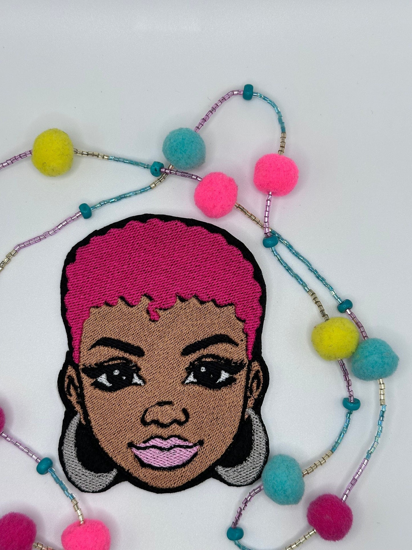 Afro WomanAfro hair Sew On Embroidery patch with adhesive backing for placement. Reddish Brown, Blonde, Silver and Pink hair. Beautiful 8.98