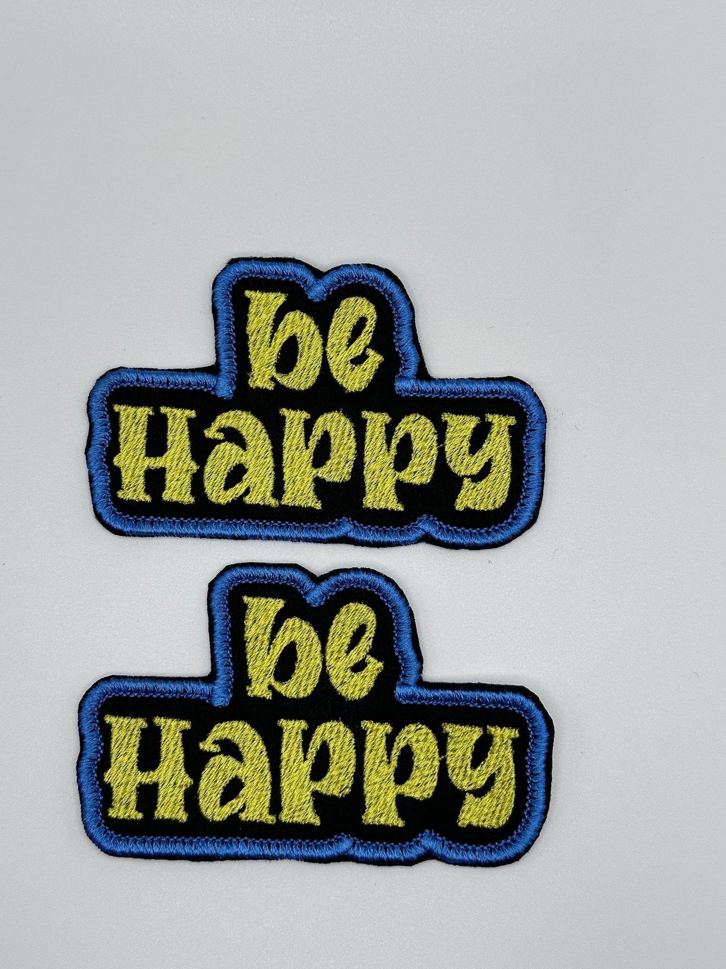 Be happy Sew on patch with Iron on backing. Embroidery Patch, Teal and yellow Color 6.98