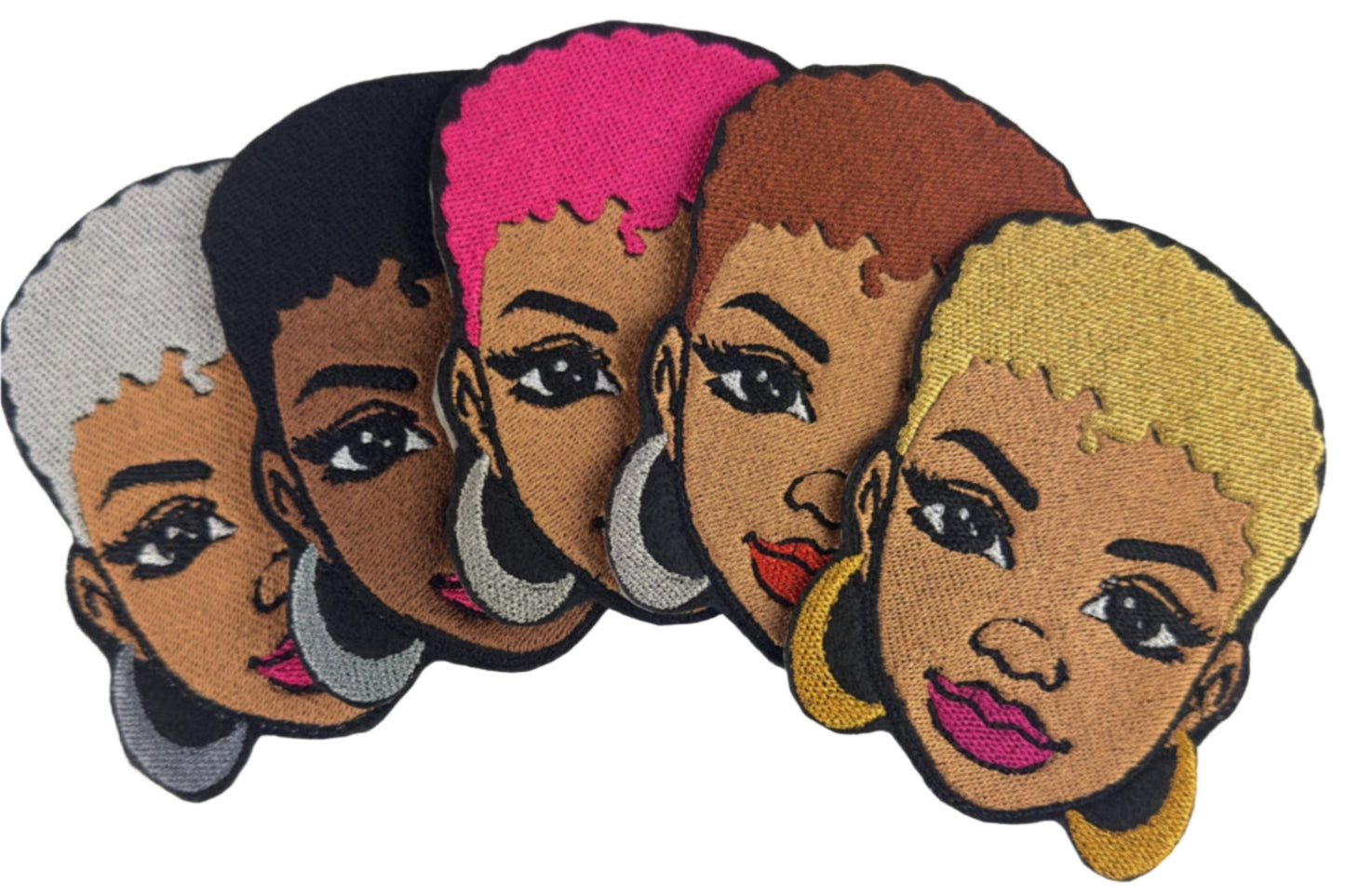 Afro WomanAfro hair Sew On Embroidery patch with adhesive backing for placement. Reddish Brown, Blonde, Silver and Pink hair. Beautiful 8.98