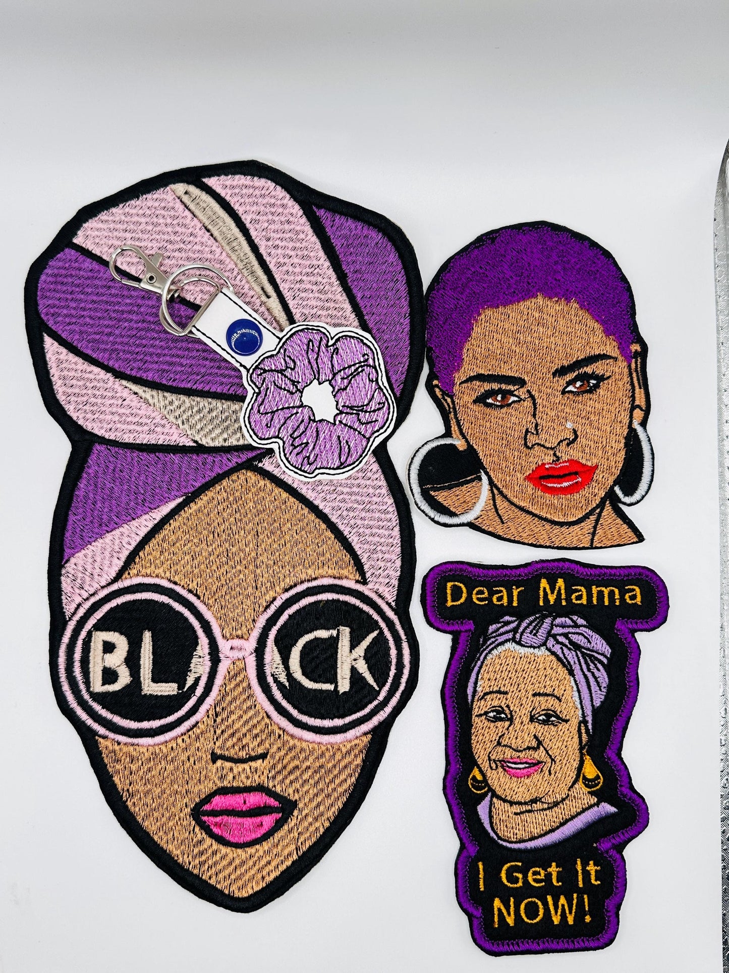 Black Woman Embroidery Patch Set of 4 pieces. with Iron on Backing for placement. Sew on patches and a Key Fob, 25.00 Free Shipping