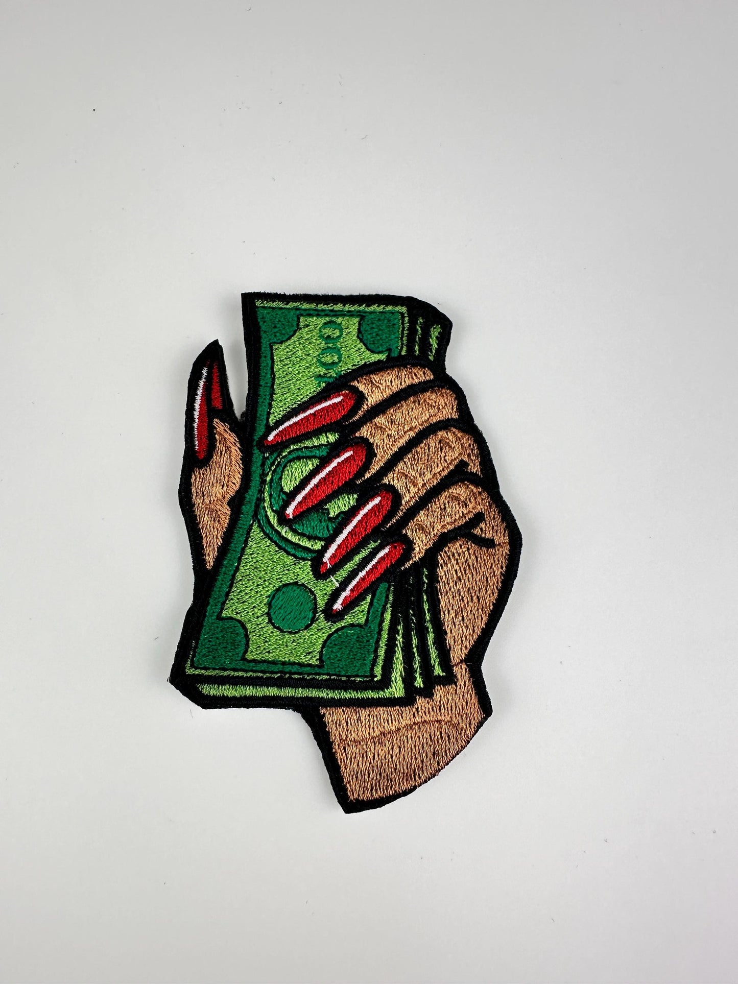 Hand holding Money SMALL Sew On Embroidery Patch. Iron on backing for placement. Fingernail Patch, Black Woman Patch, ***9.00***