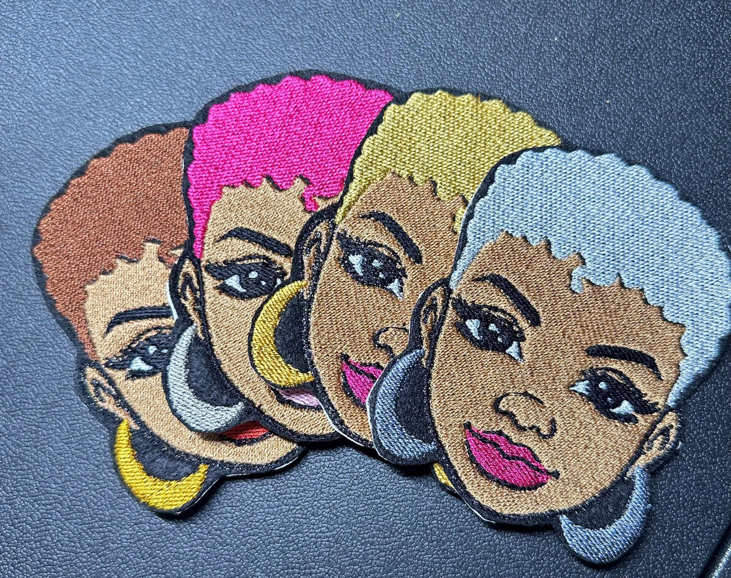 Afro WomanAfro hair Sew On Embroidery patch with adhesive backing for placement. Reddish Brown, Blonde, Silver and Pink hair. Beautiful 8.98