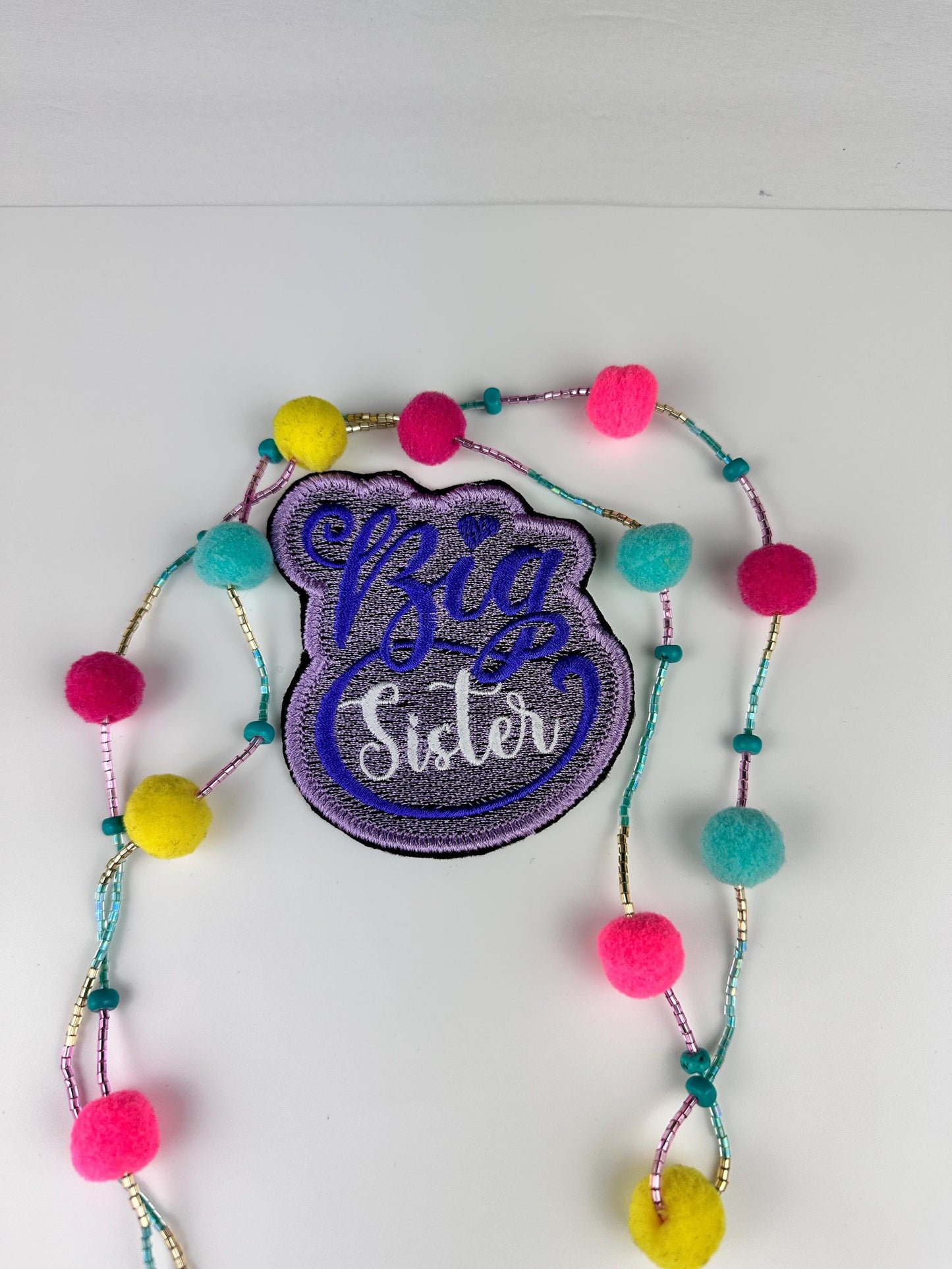 Big Sister Embroidery Sew on Patch with Iron on Adhesive for placement. Pink and Purple color 6.98