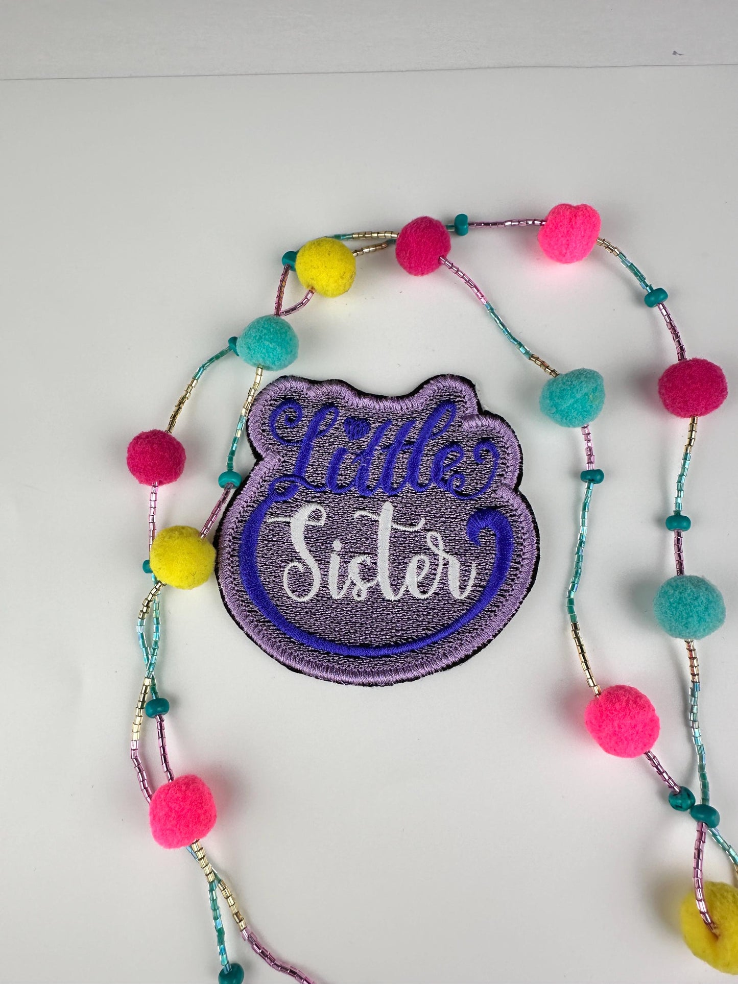 Little Sister Embroidery Sew on Patch with Iron on Adhesive for placement. Pink and Purple color 6.98