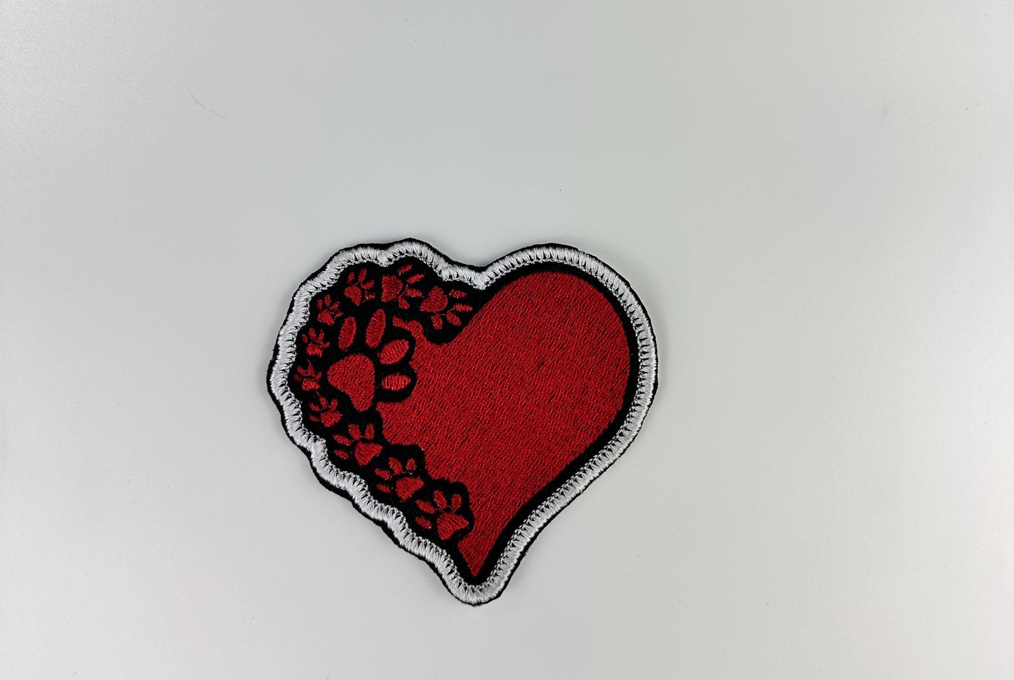 Dog PAW and Heart Embroidery. Sew on Embroidery Patch. Patch has Iron on adhesive for placement of the patch. Dog patch, 6.58