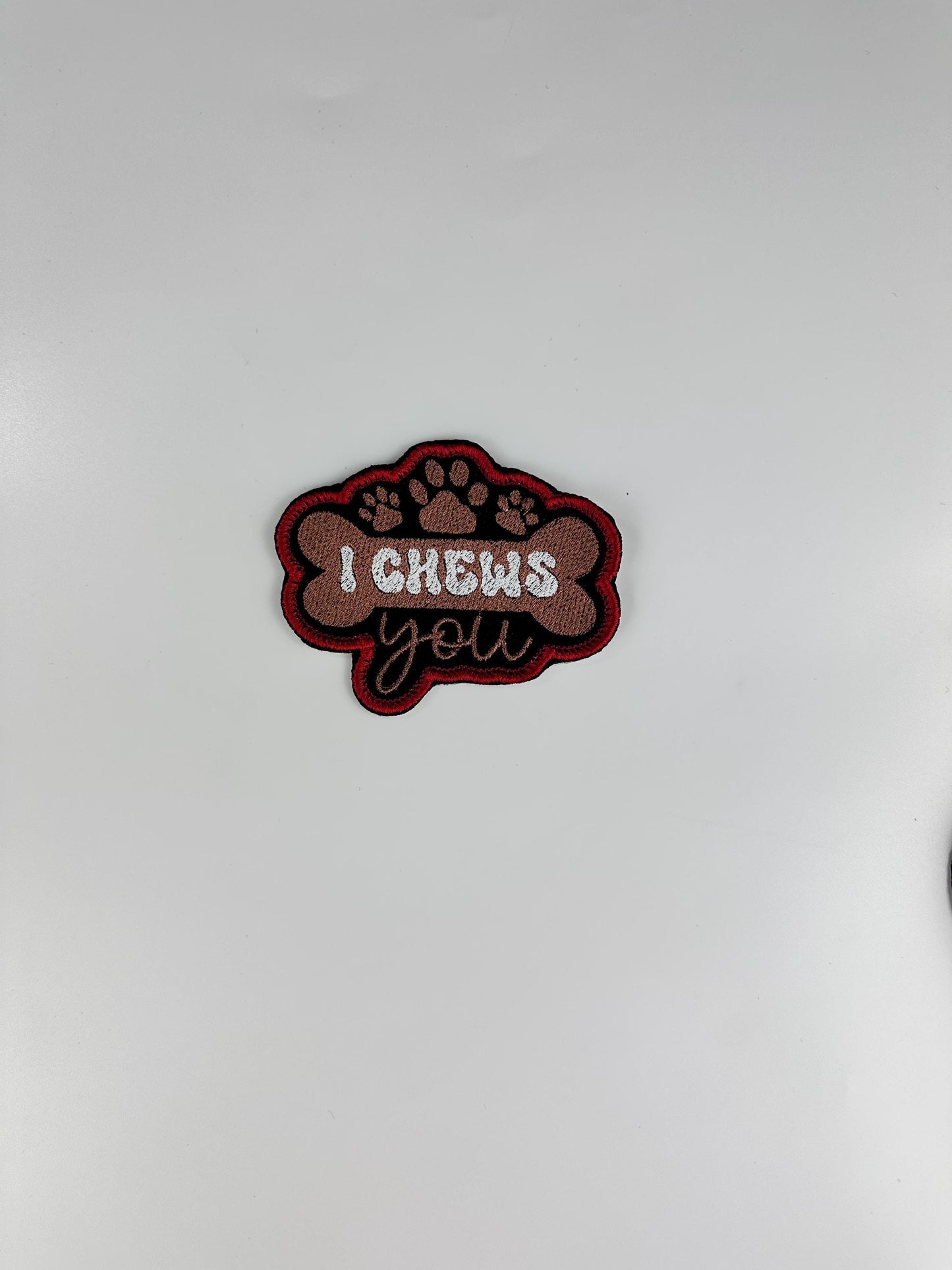 Dog embroidery patch. "I Chews You" Embroidery Sew On Patch, brown and pink Dog Lover Patch 6.99