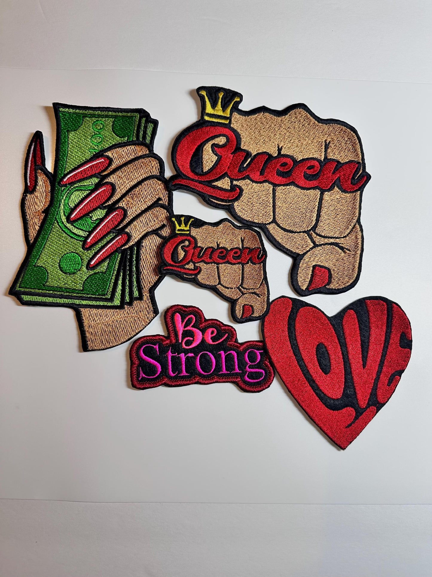 Black Woman 5 Patch QUEEN BUNDLE Embroidery patches...hearts, Queen Fist, Money hand, Love heart, and Dog Heart. **Free Shipping