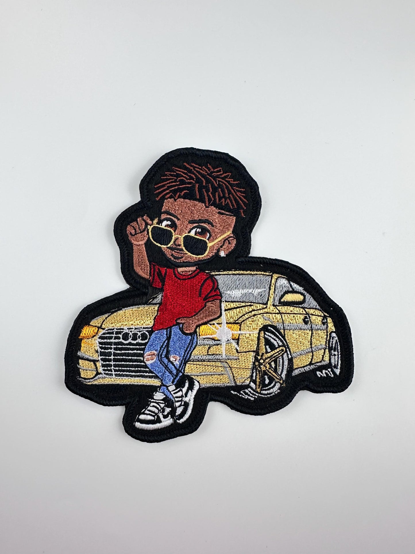 Black Young Man standing next to a car. Love my Car, Me and my car patch. "for patch only" 15.00