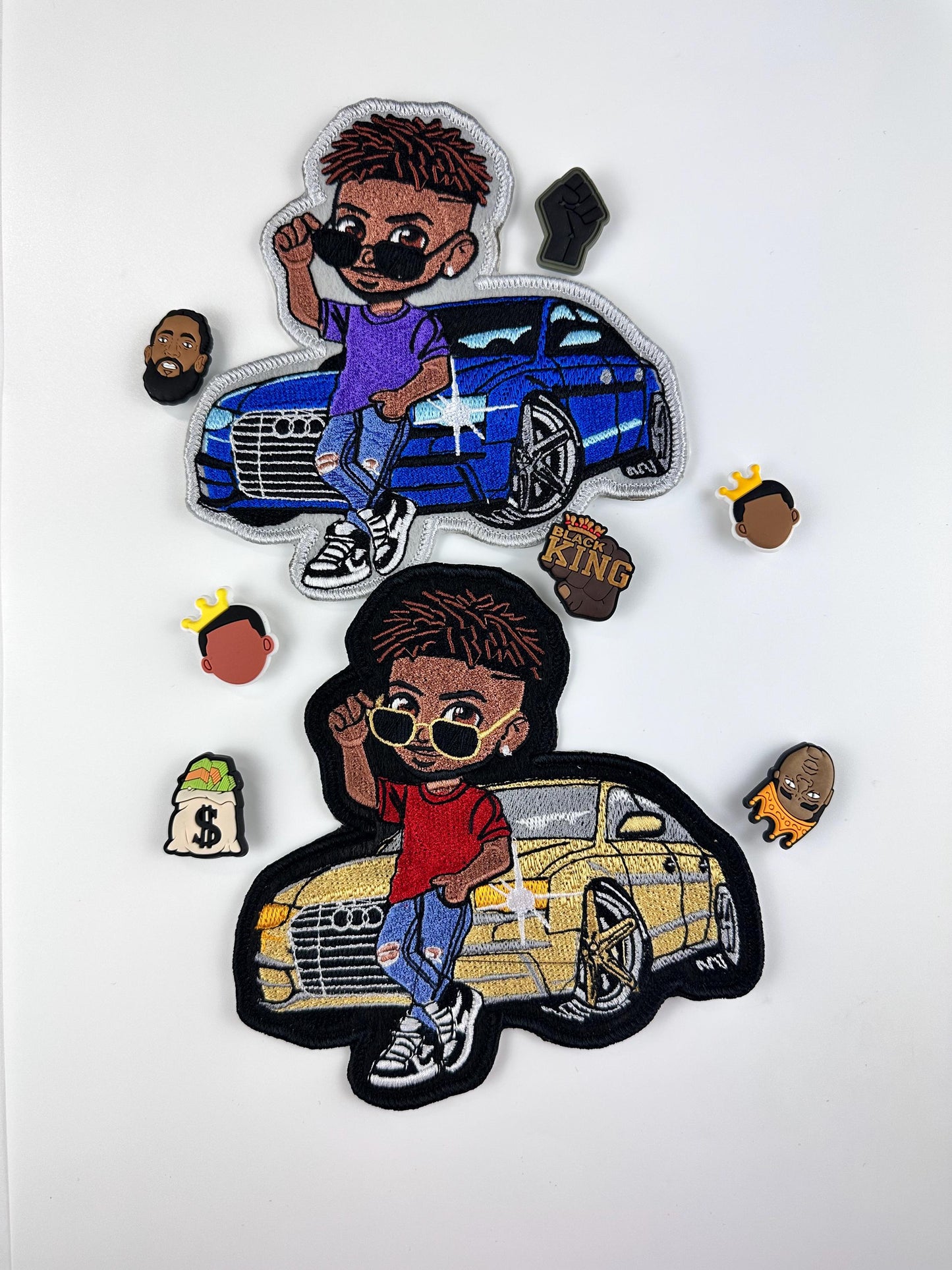 Black Young Man standing next to a car. Love my Car, Me and my car patch. "for patch only" 15.00