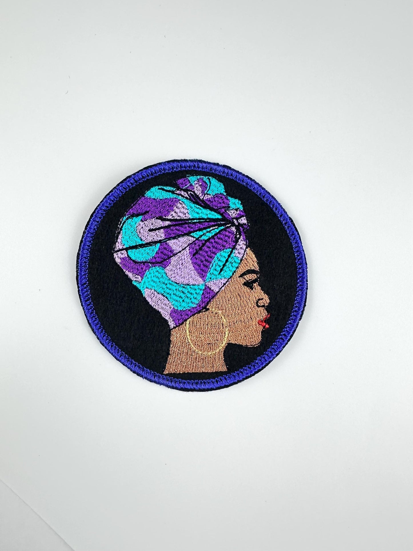 Afro Woman in African Head Wrap .e w on patch with Iron on Backing for placement Embroidery Patch, Round Patch with Satin Stitch 8.78