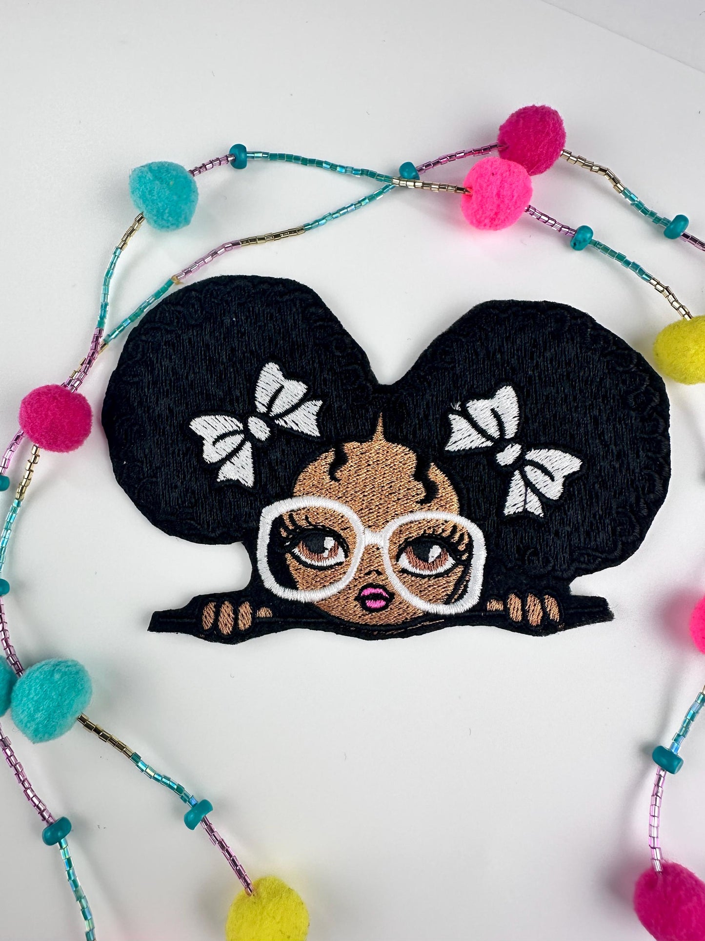 Black Teen Girl wearing Large Glasses Sew on patch with Iron on backing for placement. Cute Little Girl BGM, Handmade Patch 9.00