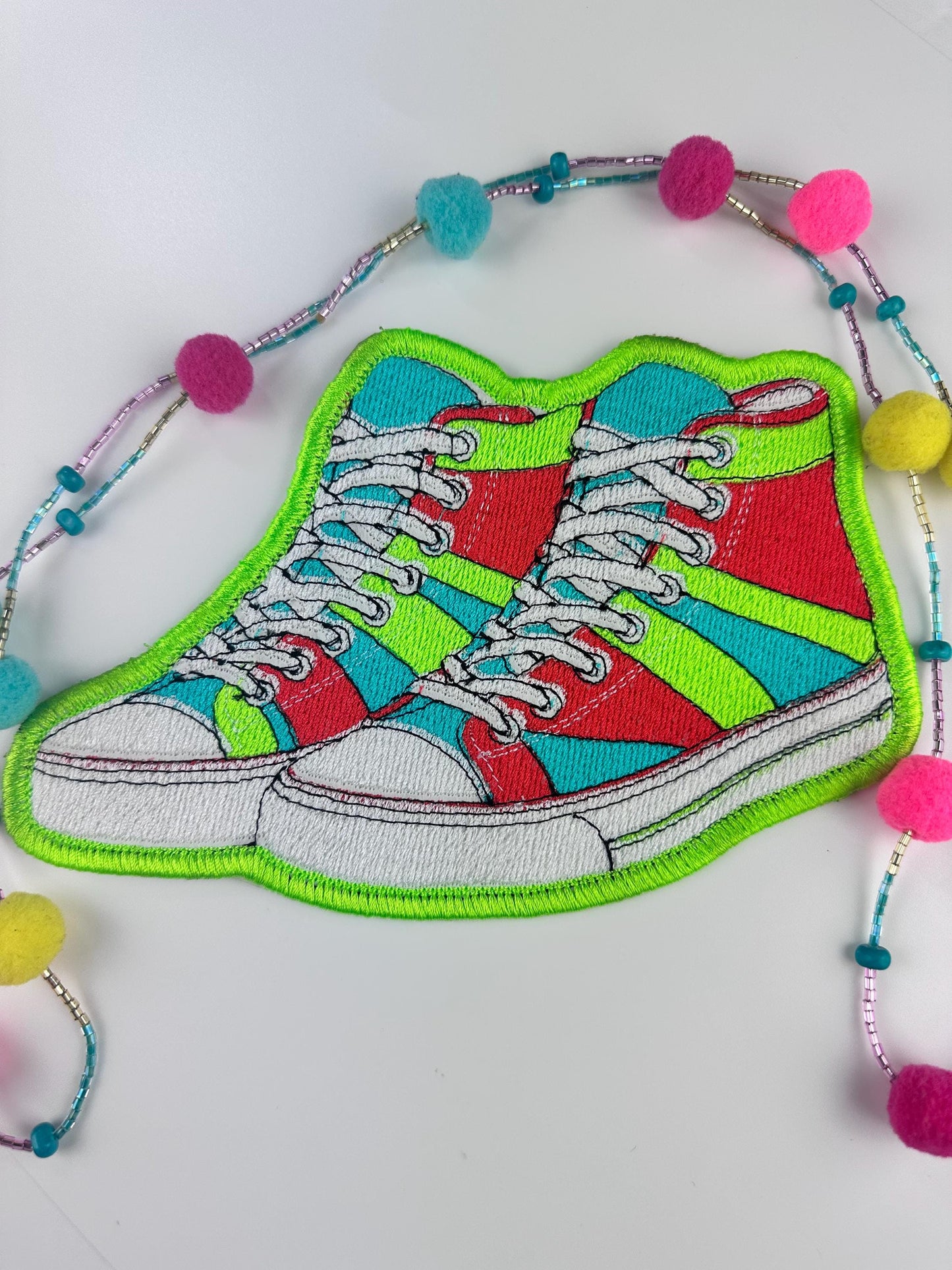 Colorful High top Sneakers . This fun Sew on patch comes with Iron on adhesive for placement only. Tennis shoes, High top sneakers 10.89