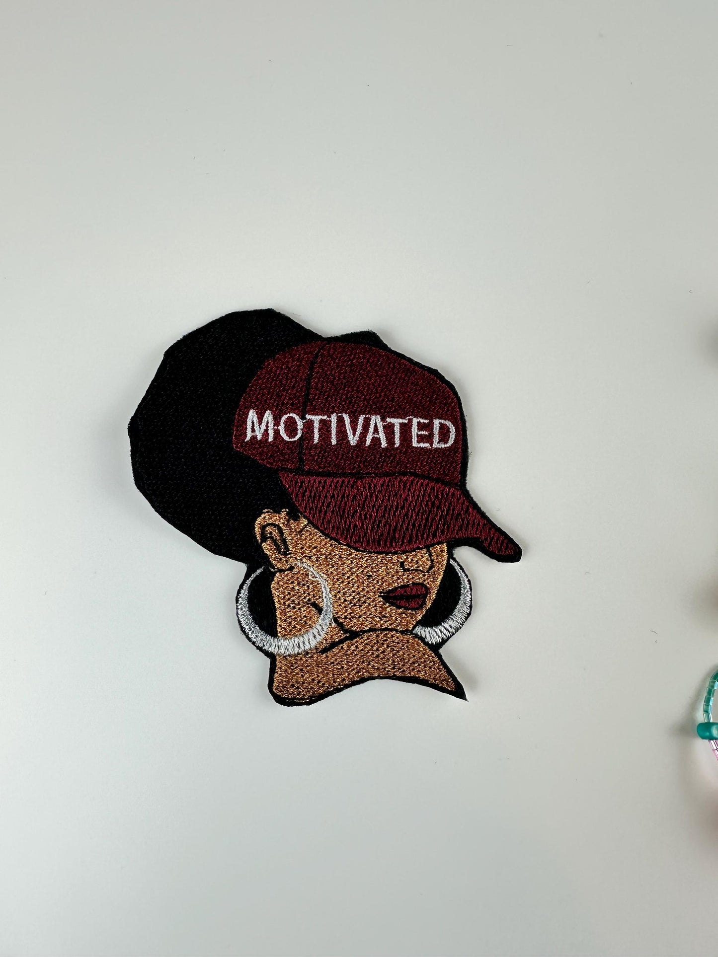 Motivated African American Woman Patch-Burgundy hat embroidery. 3D Black woman patch 9.97
