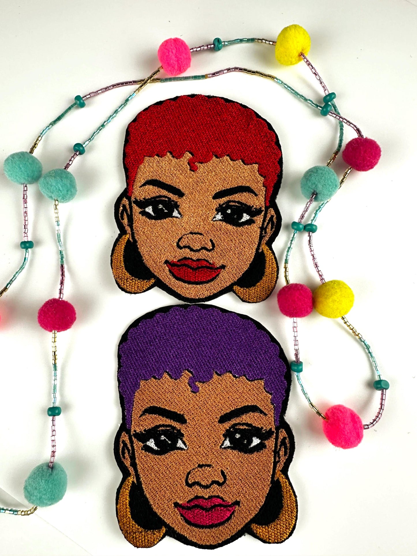 Afro Woman Embroidery Patch: Hair colors in Red, gray, black, blonde, chestnut, pink - Sew-On