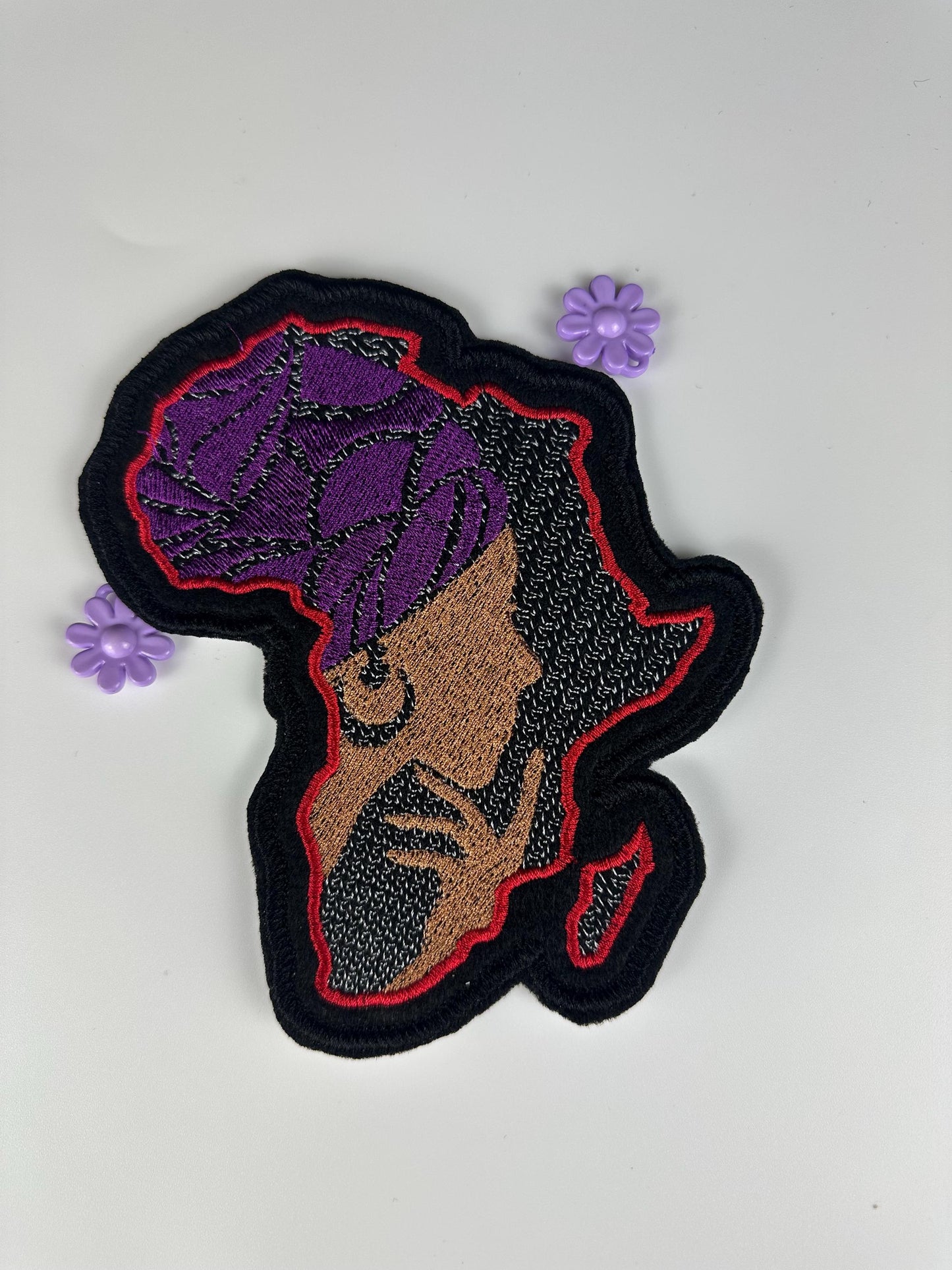 African Pride Patch – Africa Shape Embroidery Patch with Woman in Turban, Red Purple Black Purple Orange and Hot Pink Colors