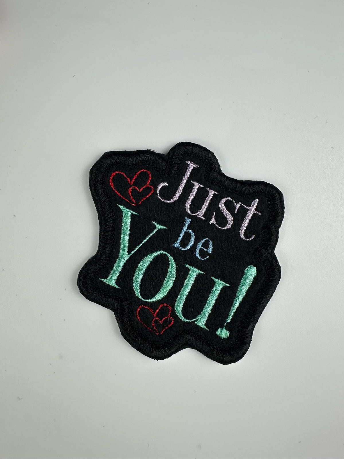Just Be You Embroidery Patch | Teal, Lavender & Blue with Red Hearts | Positive Self Love Patch with satin border