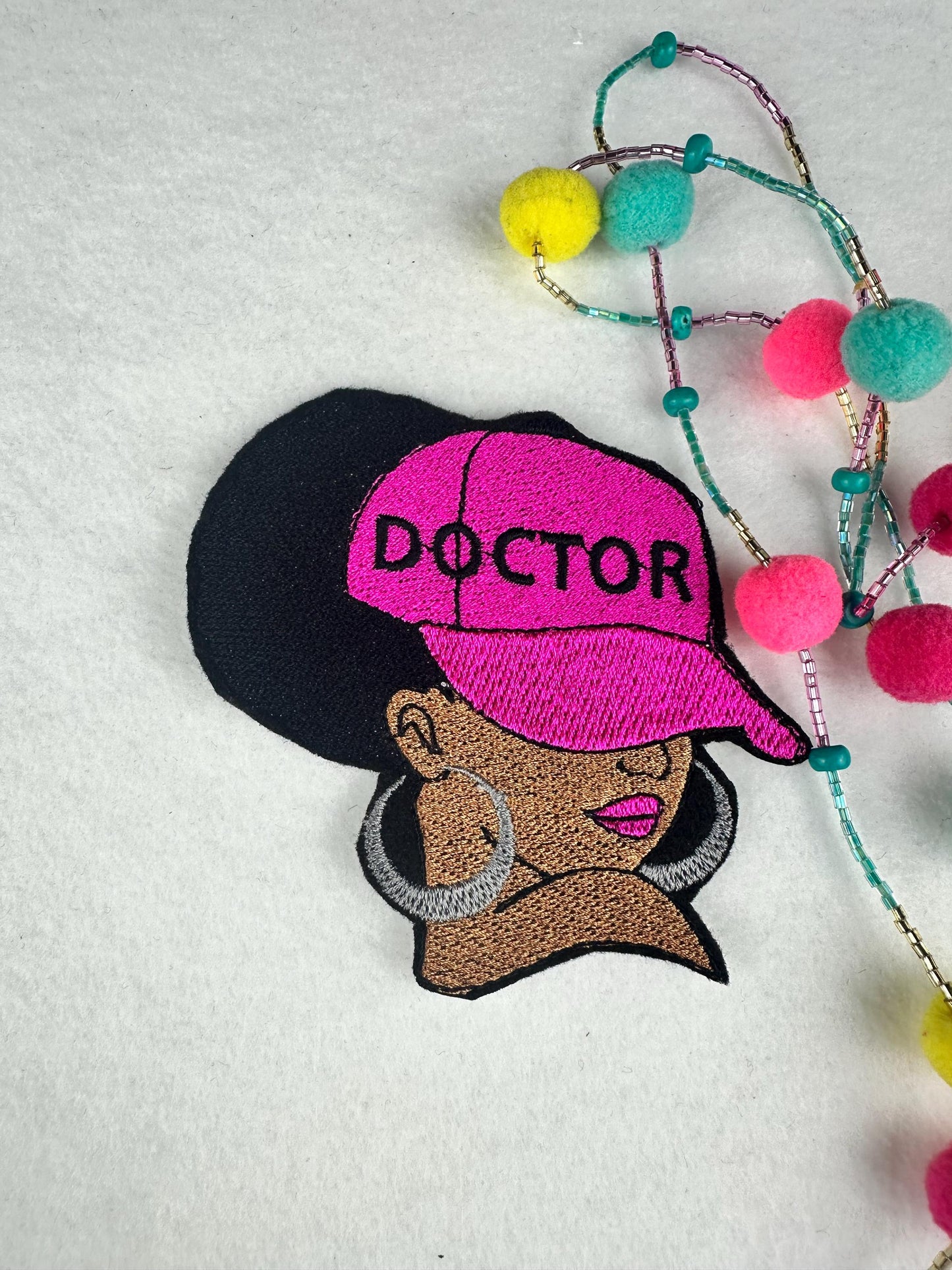 Afro Woman “Doctor” Embroidery Patch, 3D Black Woman Sew On Patch with Iron-On Backing for Placement, Earrings Detail, Doctor Gift