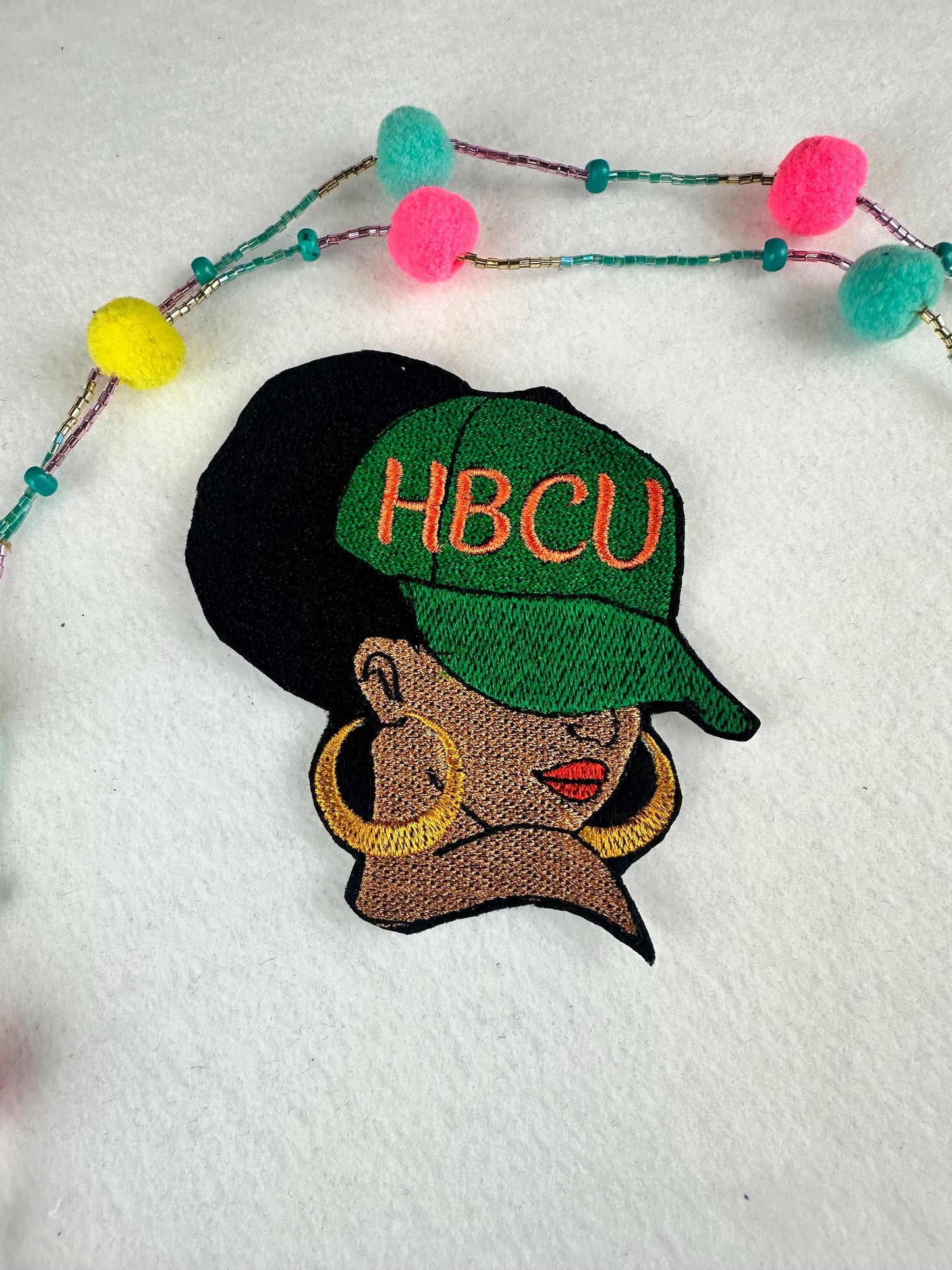 HBCU Afro Woman Embroidery Patch, 3D Black Woman Patch, Ball Cap with Earrings, 3.75" Sew On with Iron-On Adhesive for Placement
