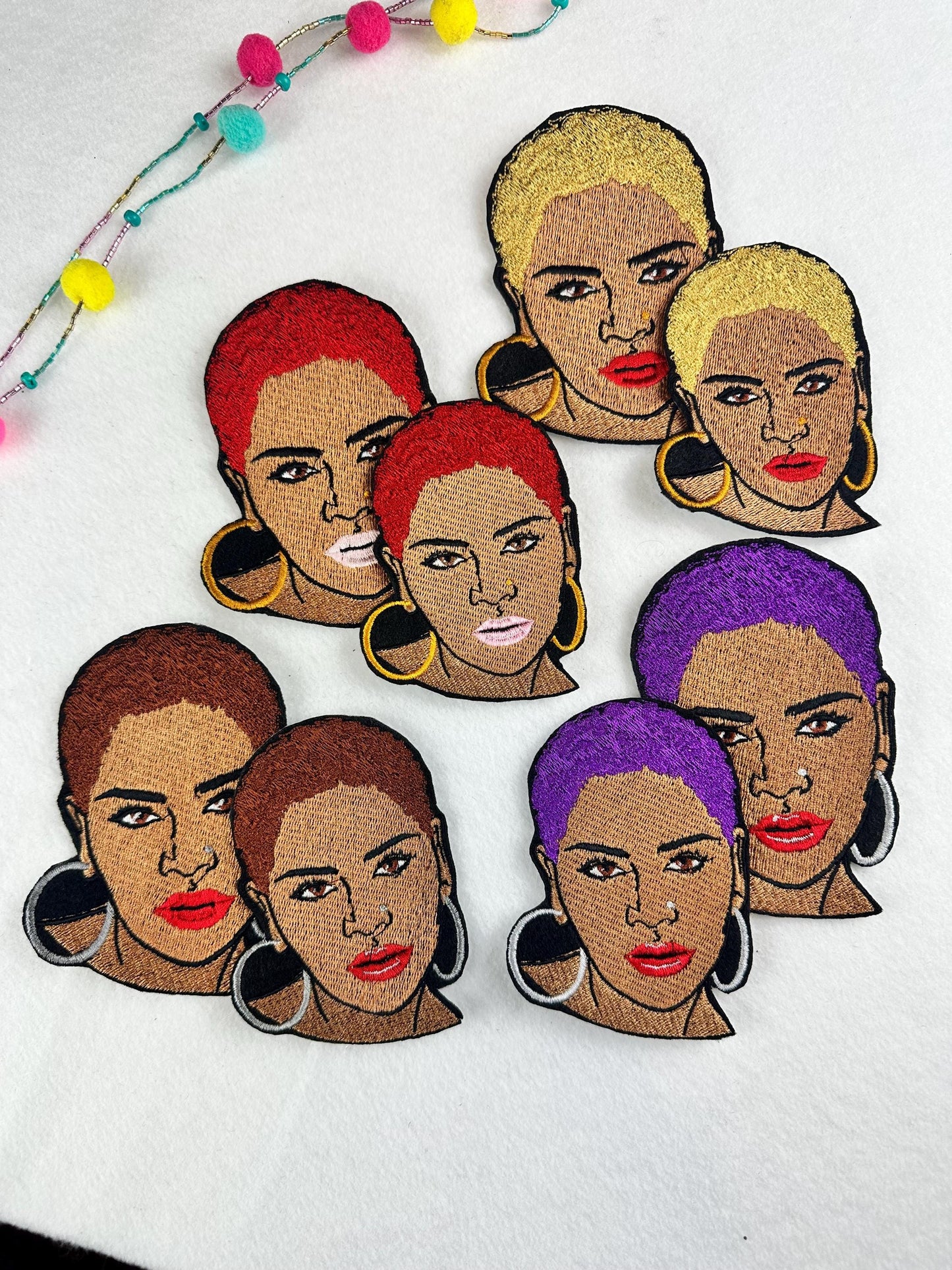 Black Woman Bundle Embroidery Patch (Set of 3), Short Afro Nose Ring Patch, Earrings & Lipstick, Sew On with Iron-On Adhesive for Placement