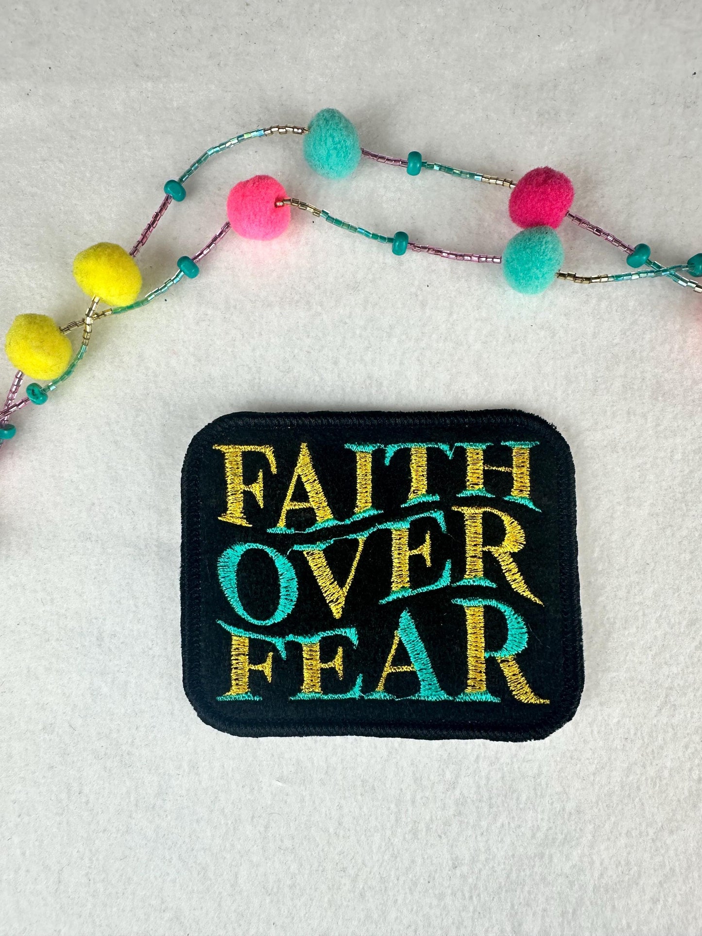 Faith Over Fear Patch, Christian Iron On Embroidery Patch, Gold and Teal Statement for Jackets, Totes plus Backpacks