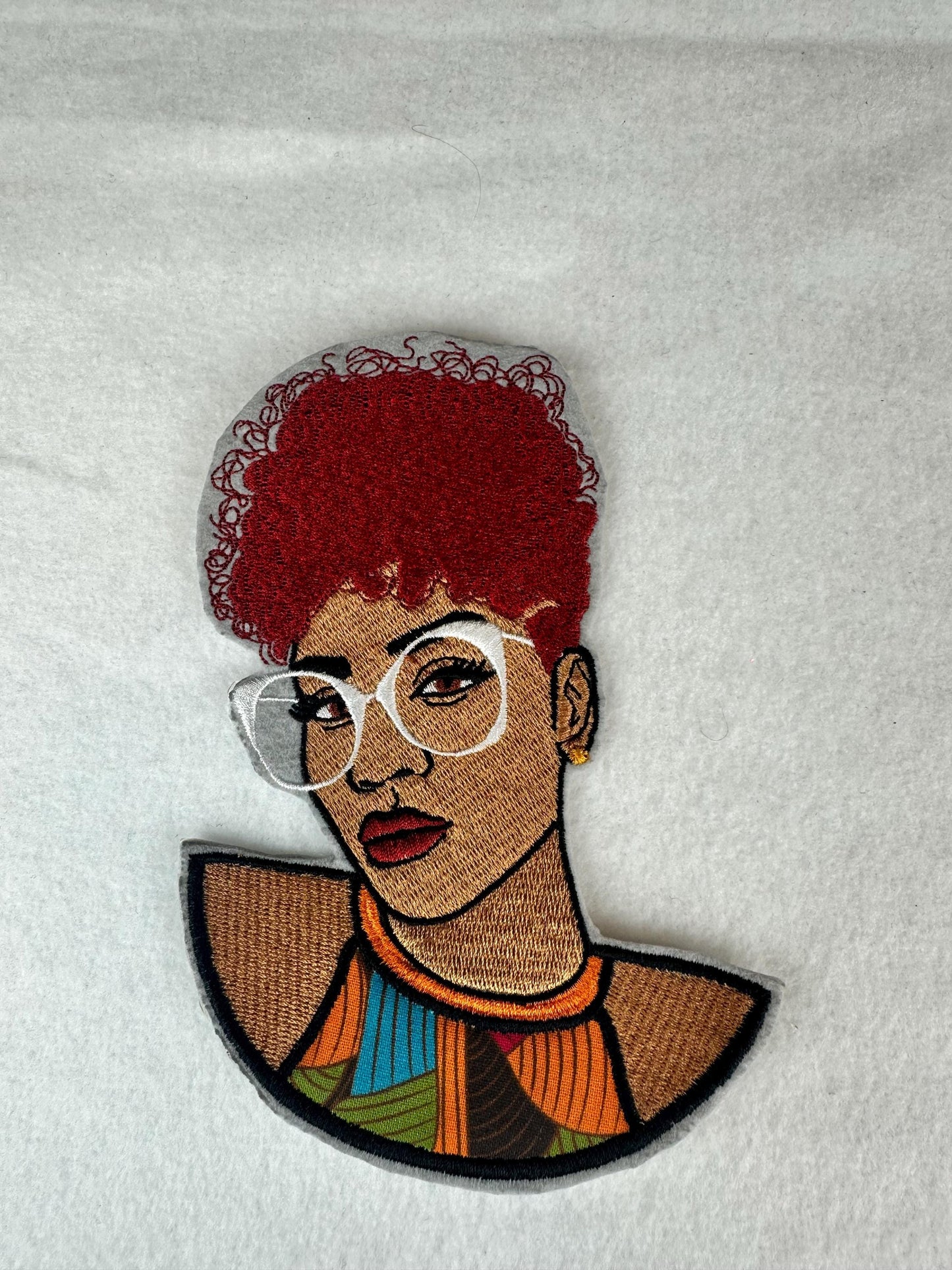 Black Woman Embroidery Patch, Afro Hair Patch with Colorful Glasses, African Fabric Top, Sew On with Iron-On Adhesive for Placement